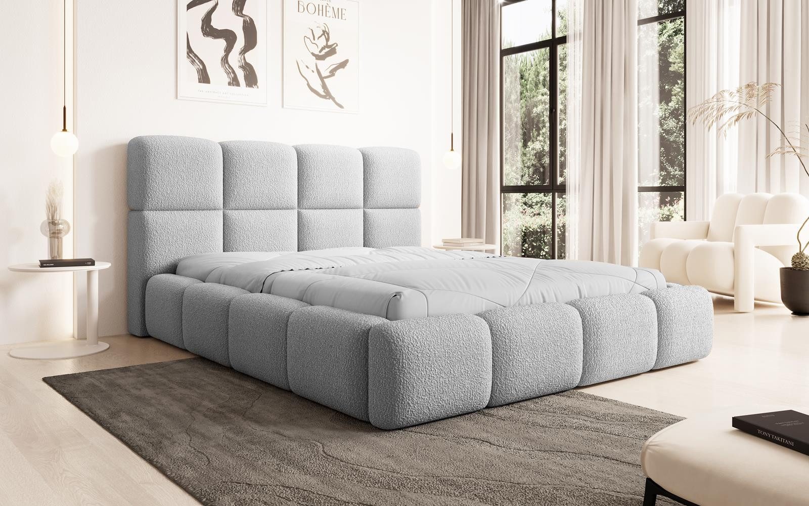 Compleo Polsterbett aus Bouclé MERID Doppelbett mit Kopfstütze, Rahmenbettgestell, mit Bettkasten und Lattenrost, TOP ANGEBOT!