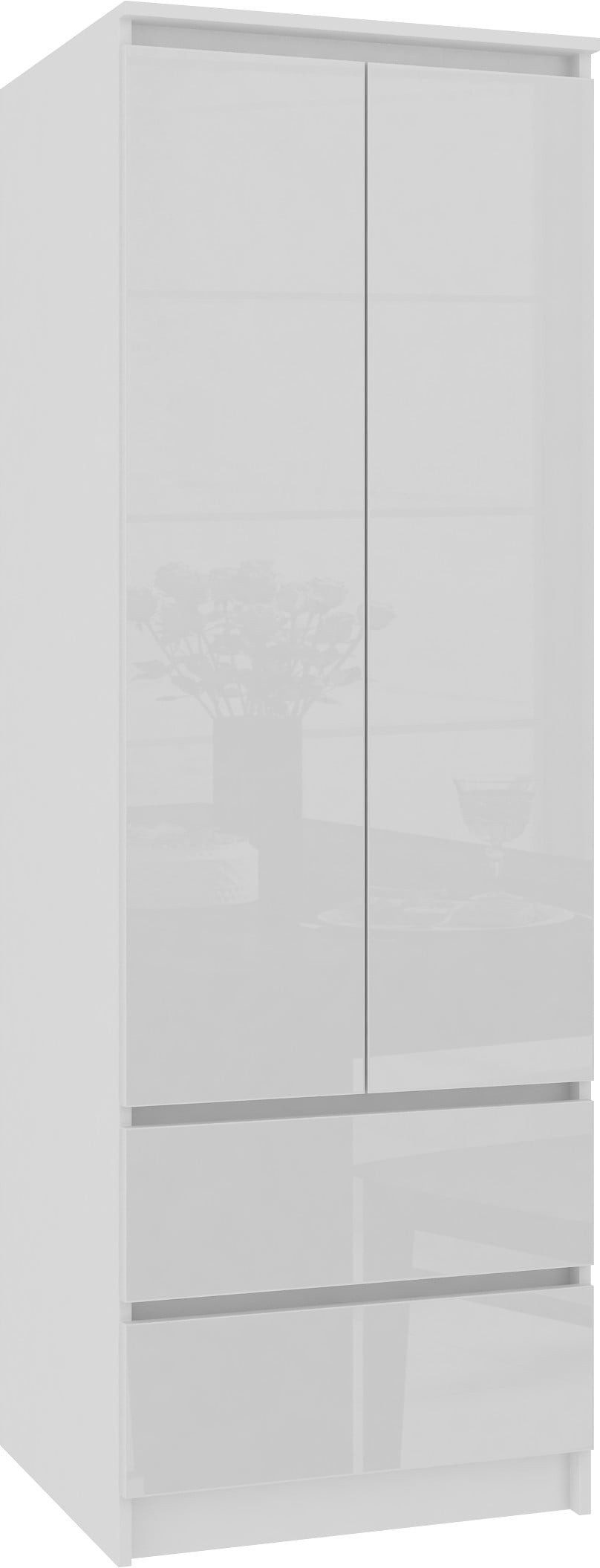 Raumhirsch Furniture Kleiderschrank Weiß Hochglanz - Zeitloses Design - Garderobenschrank Kleiderschrank mit 3 Türen & 2 Schubladen, Soft-Close, Stauraum
