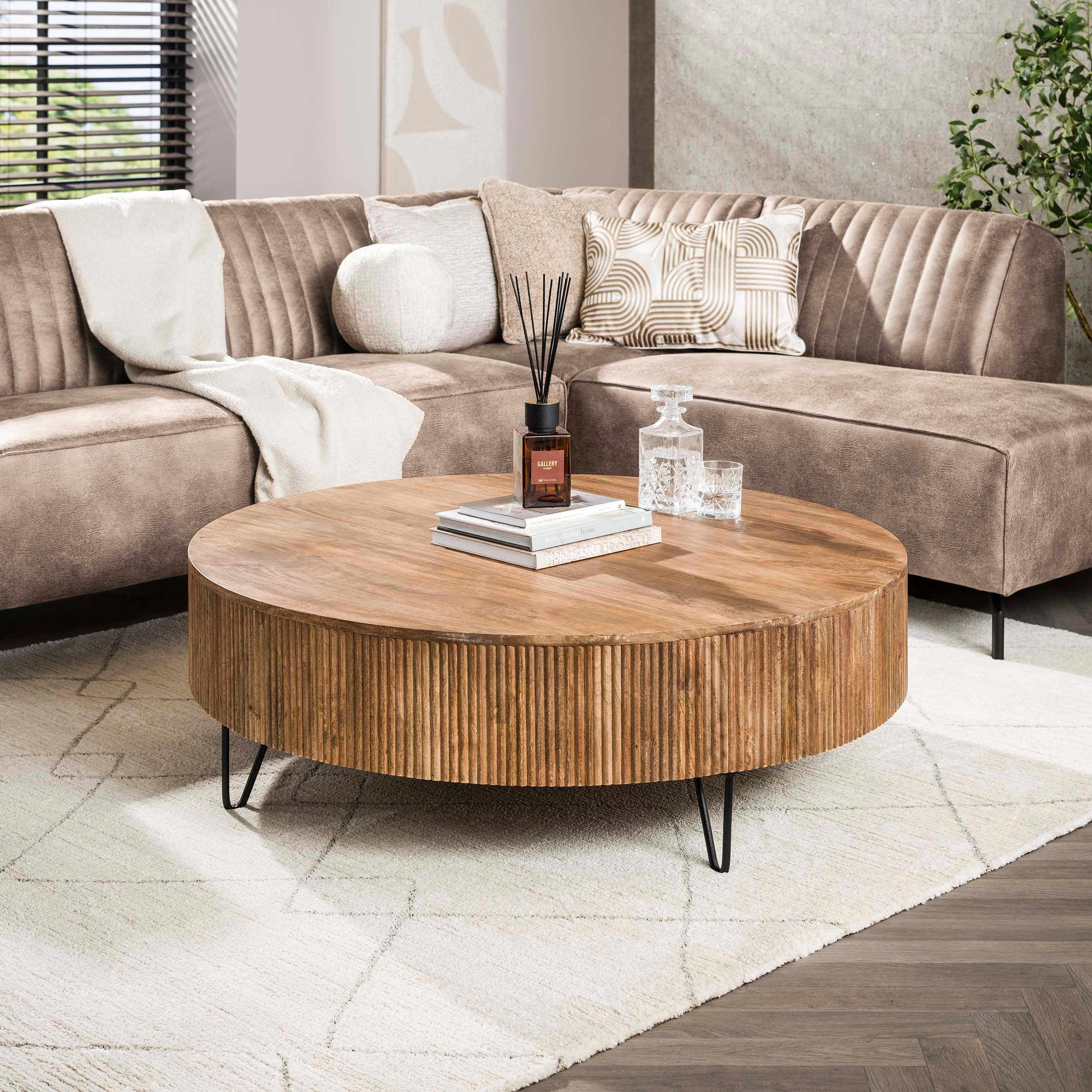 alesvelt Couchtisch MILO GRAND XL-Rundtisch aus Mangoholz im Lamellen-Design (1-Tisch), 120x38cm Mangoholz