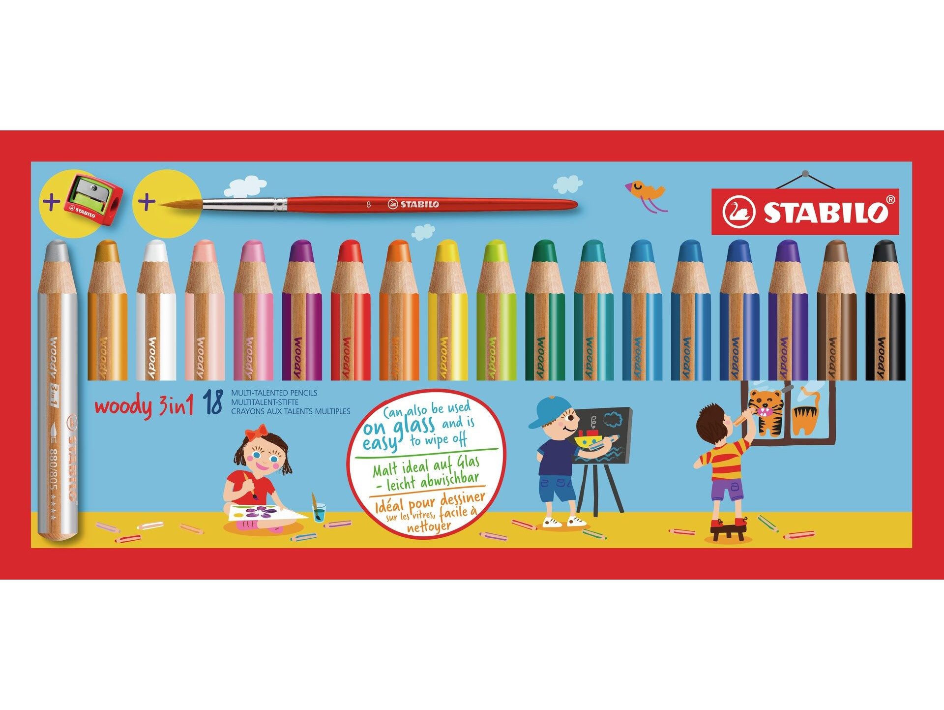 STABILO Buntstift Multitalent Buntstift Aquarell Wachsmalstift 18er Set, wasservermalbar hohe Deckkraft bruchsichere XXL-Mine