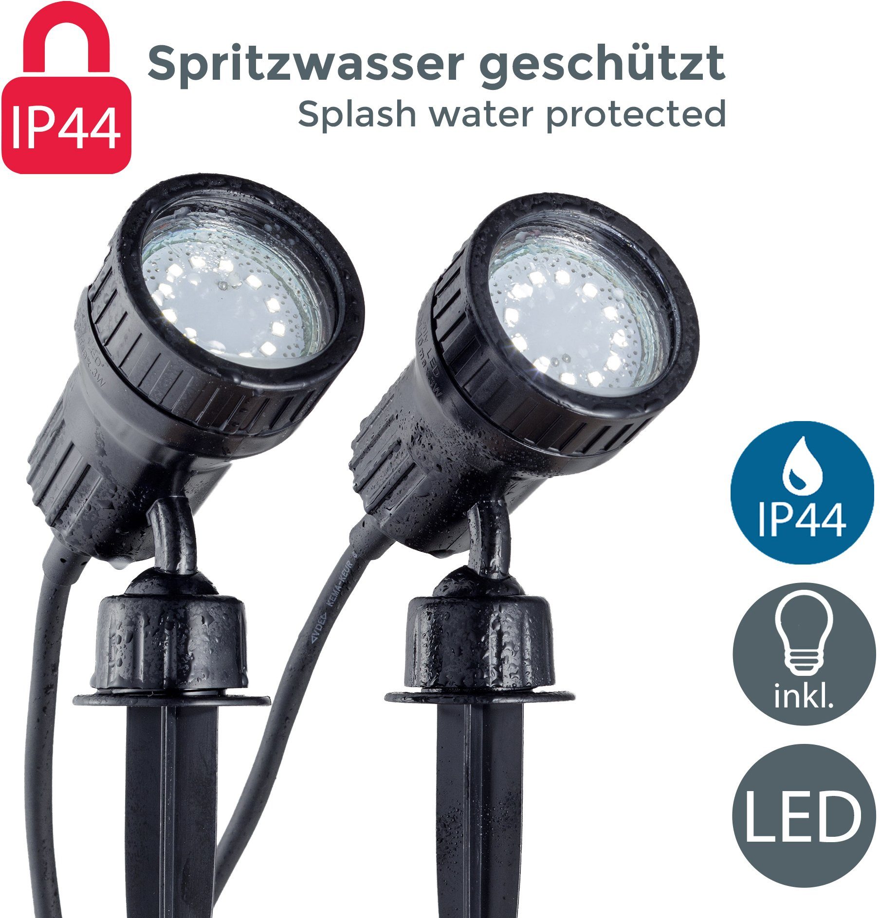 Nima, B.K.Licht Leuchtmittel LED wechselbar, Warmweiß, Außenstrahler, 2er LED Spießstrahler, Gartenstrahler, Erdspieß, Gartenleuchte SET