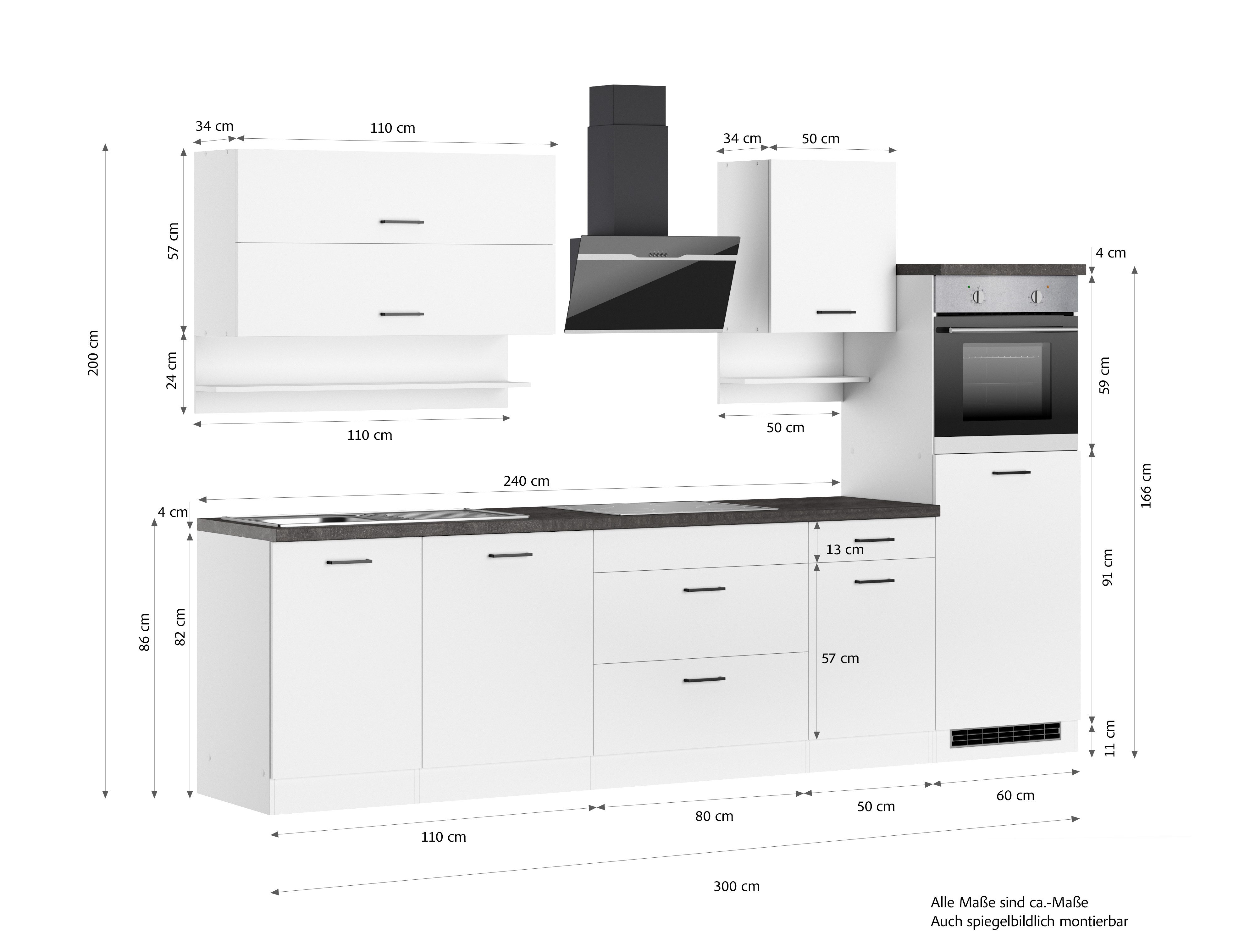 CENTRE DE CUISSON Meuble de cuisine KS-Frieda, 300 cm de large, avec électroménager en option, plan de travail de 38 mm d'épaisseur