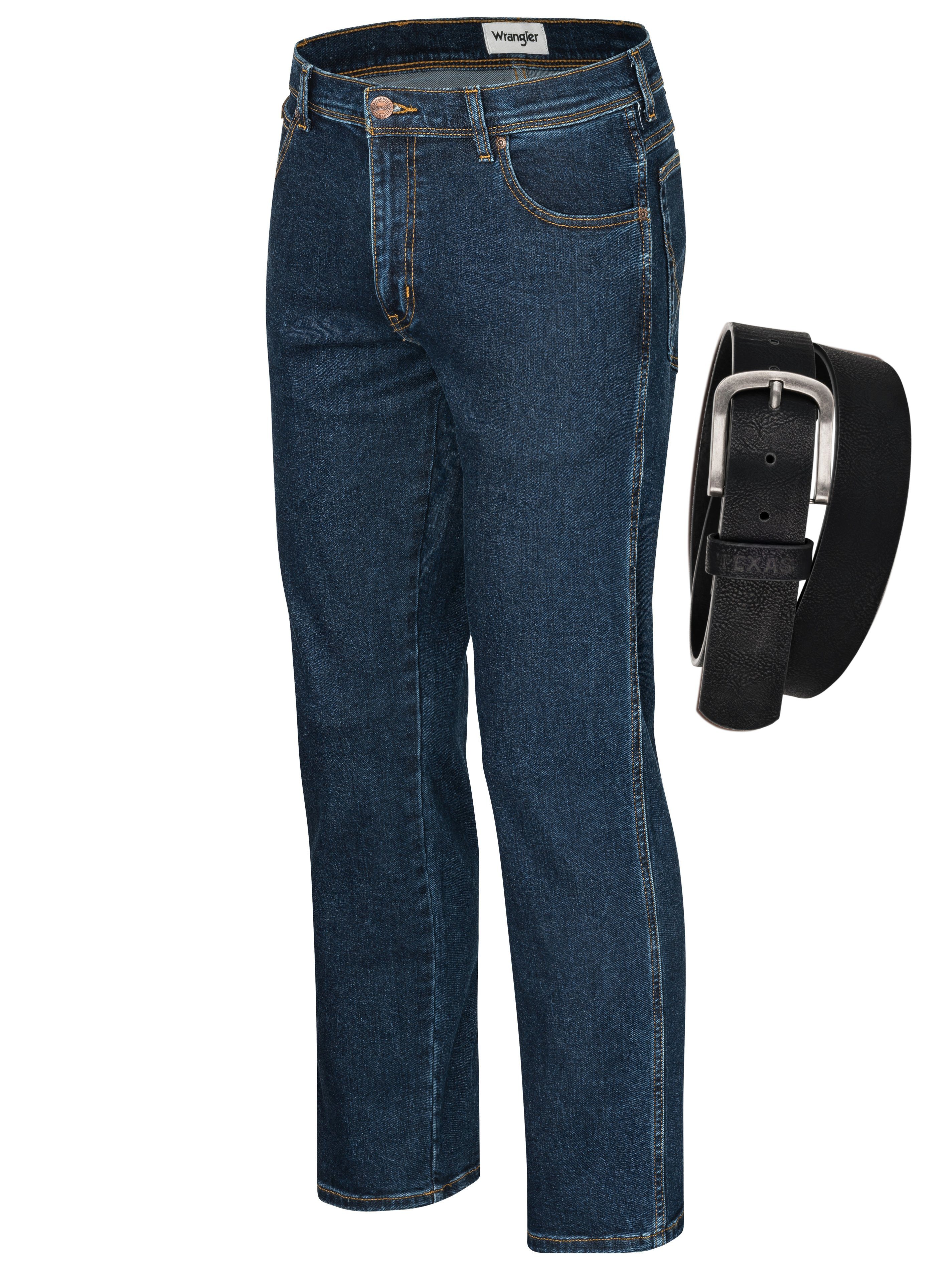 Wrangler Straight-Jeans Texas Authentic Straight Herrenjeans Jeans Stretch mit Gürtel Darkstone + schwarzer Gürtel