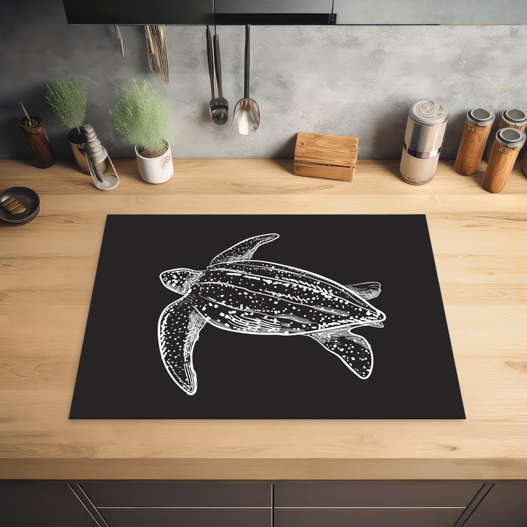 (1 Induktionskochfeld die Schildkröte, für tlg), Schutz Illustration Ceranfeldabdeckung MuchoWow Vinyl, Herdblende-/Abdeckplatte Schwarz-weiße küche, einer cm, 71x52
