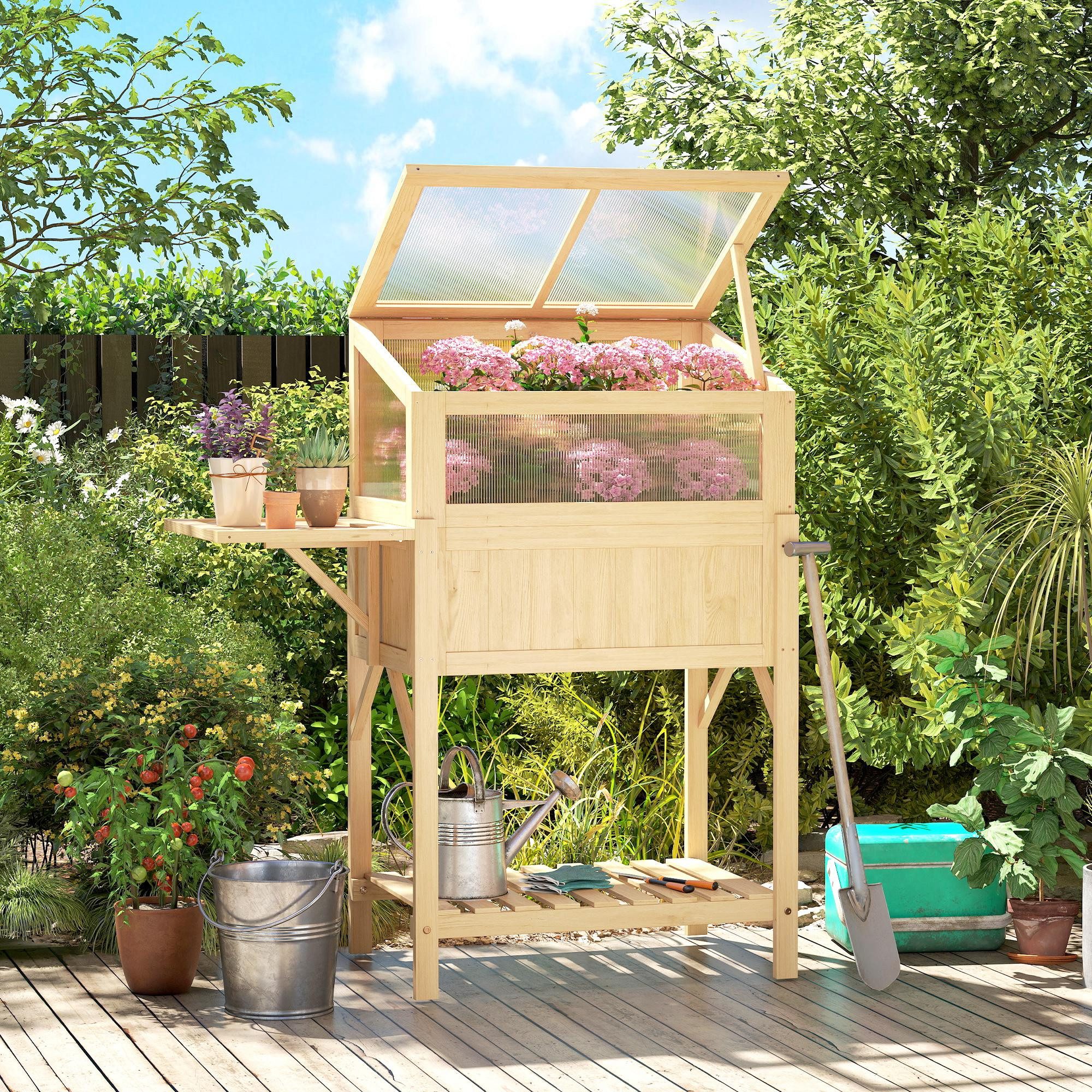 Outsunny Hochbeet mit Frühbeetaufsatz, klappbar Seitentisch, Ablagefach (Frühbeet, 1 St., Pflanzkasten), für Garten Balkon Terrasse Naturholz
