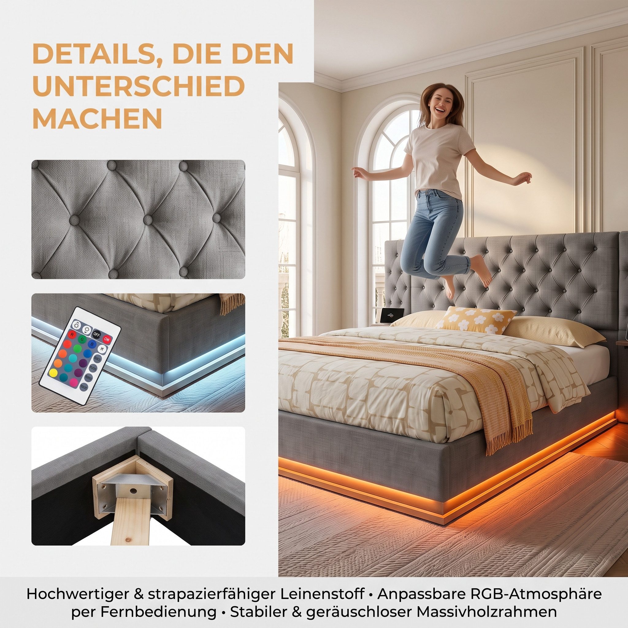 PXloue Polsterbett Modernes Polsterbett mit LED-Beleuchtung (Chesterfield-Design), Bettkasten, Ladefunktion, Leinen, 160x200 cm – Bild 5 von 5
