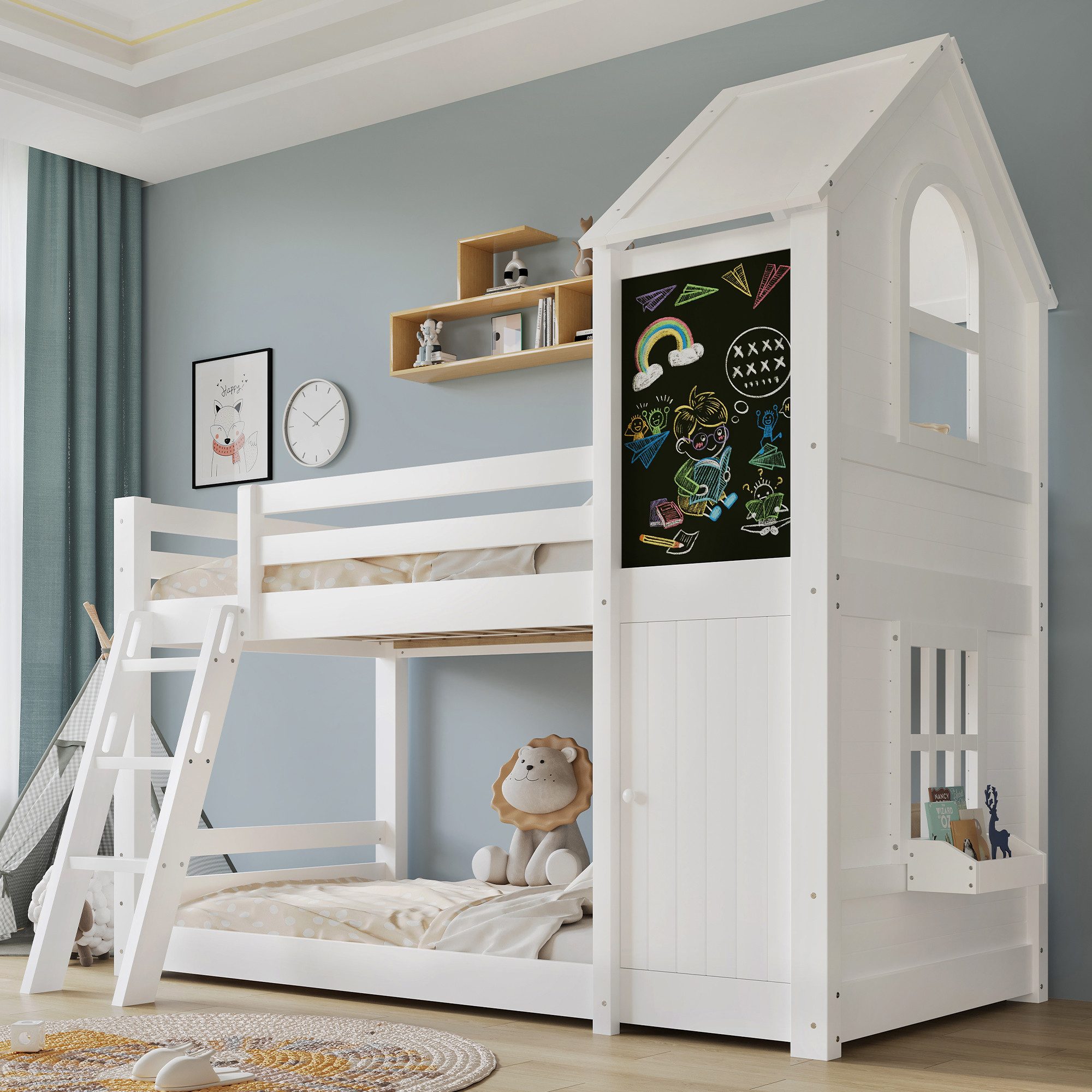 OKWISH Etagenbett Kinderbett Holzbett (mit kleiner Tür, Fenster, Dach, Tafel und stabilen Lattenrosten), schräge Dreistufenleiter, ohne Matratze
