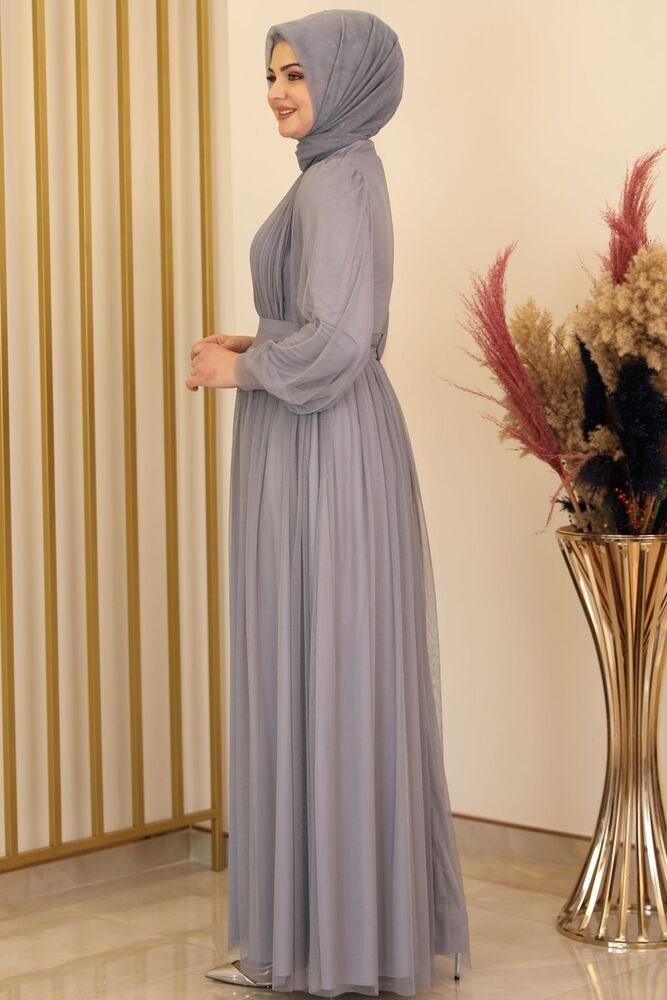 Tüllkleid Langärmliges Abendkleid Kleid Abaya Maxikleid Damenkleid Abiye Hijab Modavitrini Grau