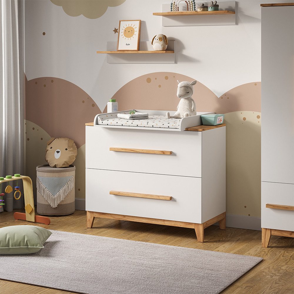 VitaliSpa® Wickelkommode Malia, Weiß/Artisan/Artisan, 108 x 98 cm mit 2 Schubladen