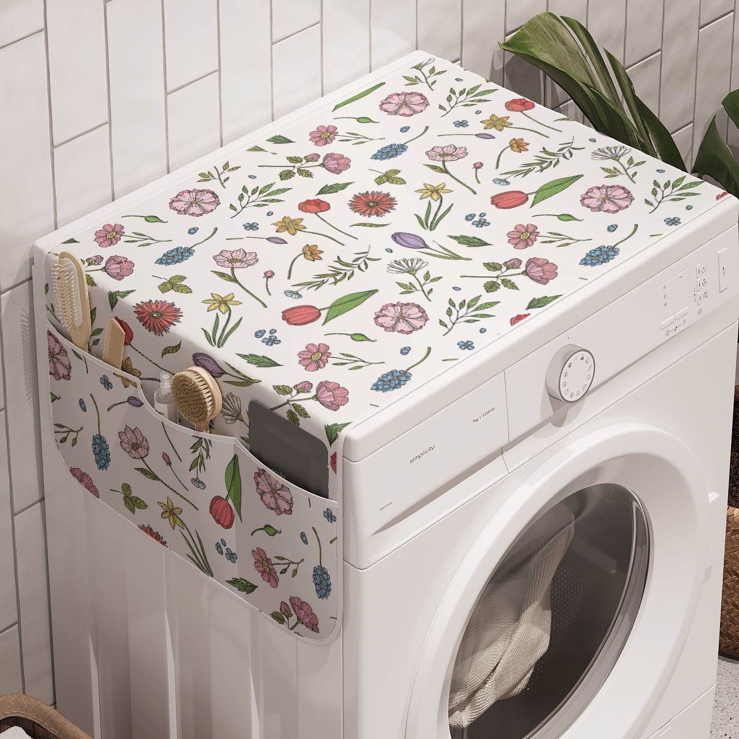 Abakuhaus Badorganizer Anti-Rutsch-Stoffabdeckung für Waschmaschine und Trockner, Blumen Hand gezeichnet Verschiedene Blumen