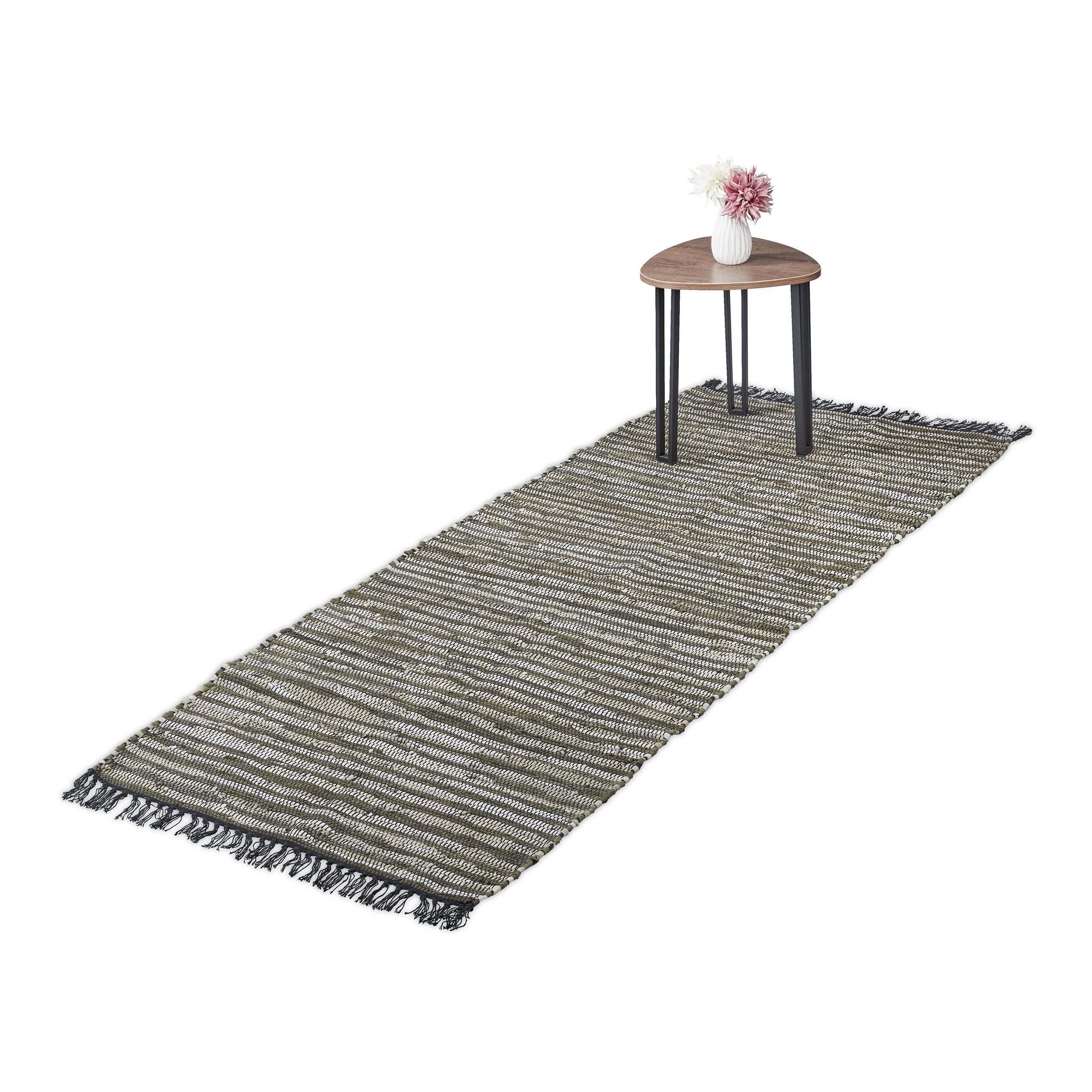 relaxdays Läufer Flickenteppich Leder & Baumwolle, Höhe: 10 mm, grün, 80 x 200 cm