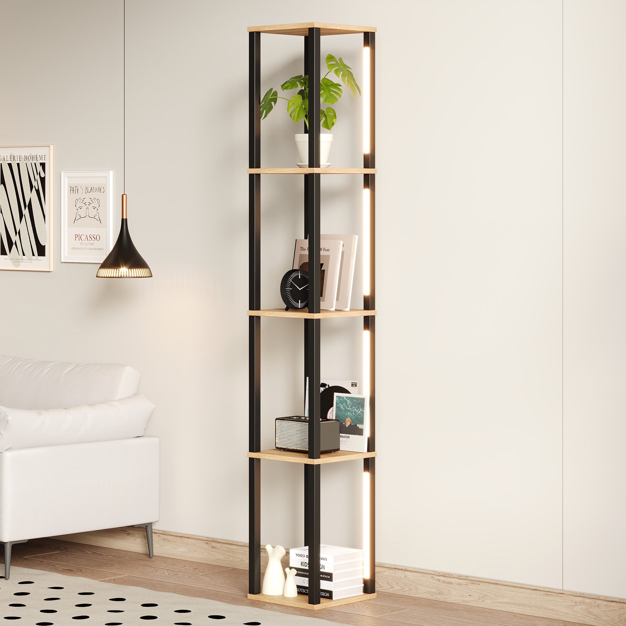 Merax Bücherregal mit 4 Ebenen, modernes Standregal mit dreifarbiger LED-Beleuchtung, 1-tlg., für Büro Wohnzimmer