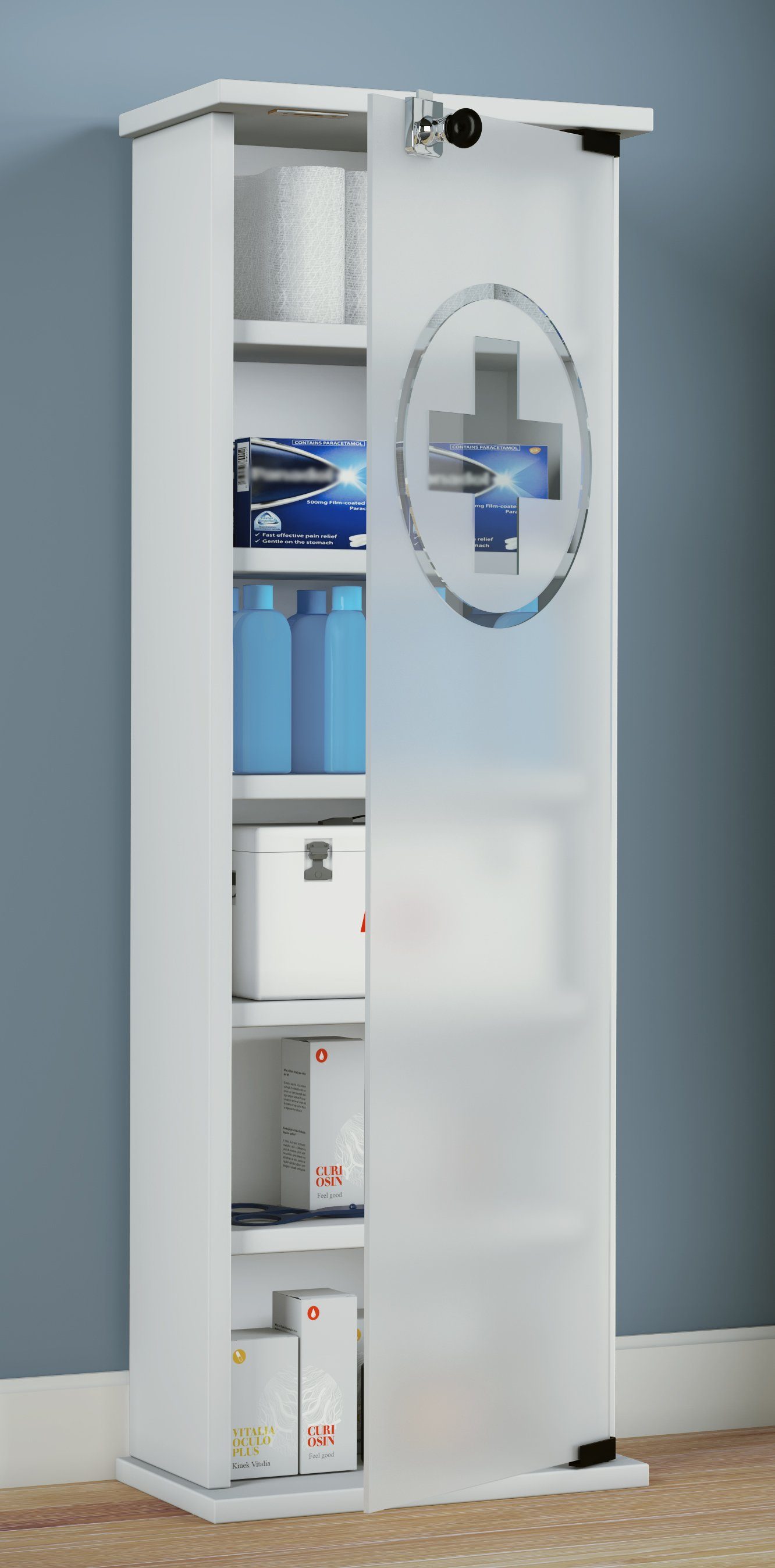 VCM Medizinschrank Gusal B. 31 x T. 18 x H. 92 cm Sicherer Stauraum für Medikamente, 6 Fächer, Drehtüren, Holzwerkstoff – Bild 4 von 5