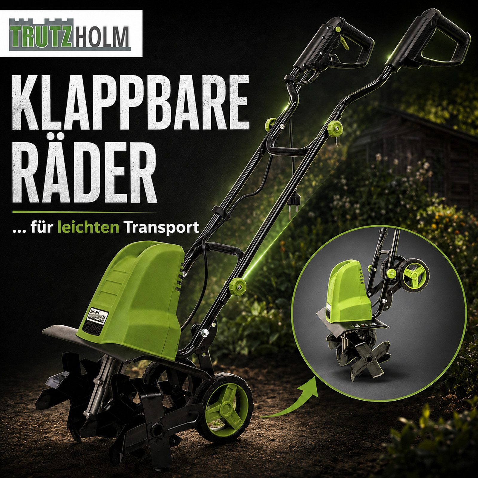 TRUTZHOLM Gartenhacke Motorhacke 24 Hackmesser 1500W Bodenhacke Transporträder klappbar, 45 cm Arbeitsbreite, Artikel, 1 St., Ergonimisches Design
