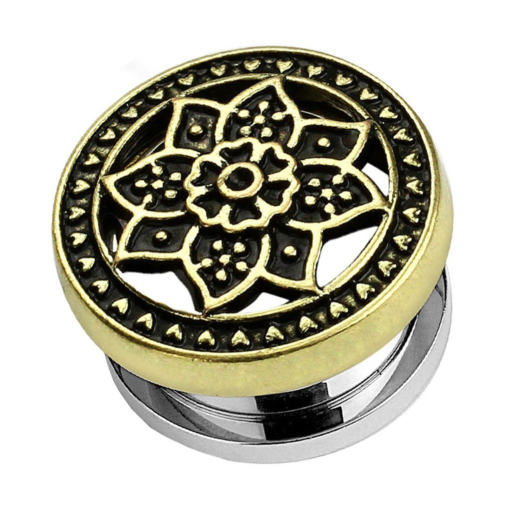Plug Piercing mit Lotusblüte aus Edelstahl Gold IP