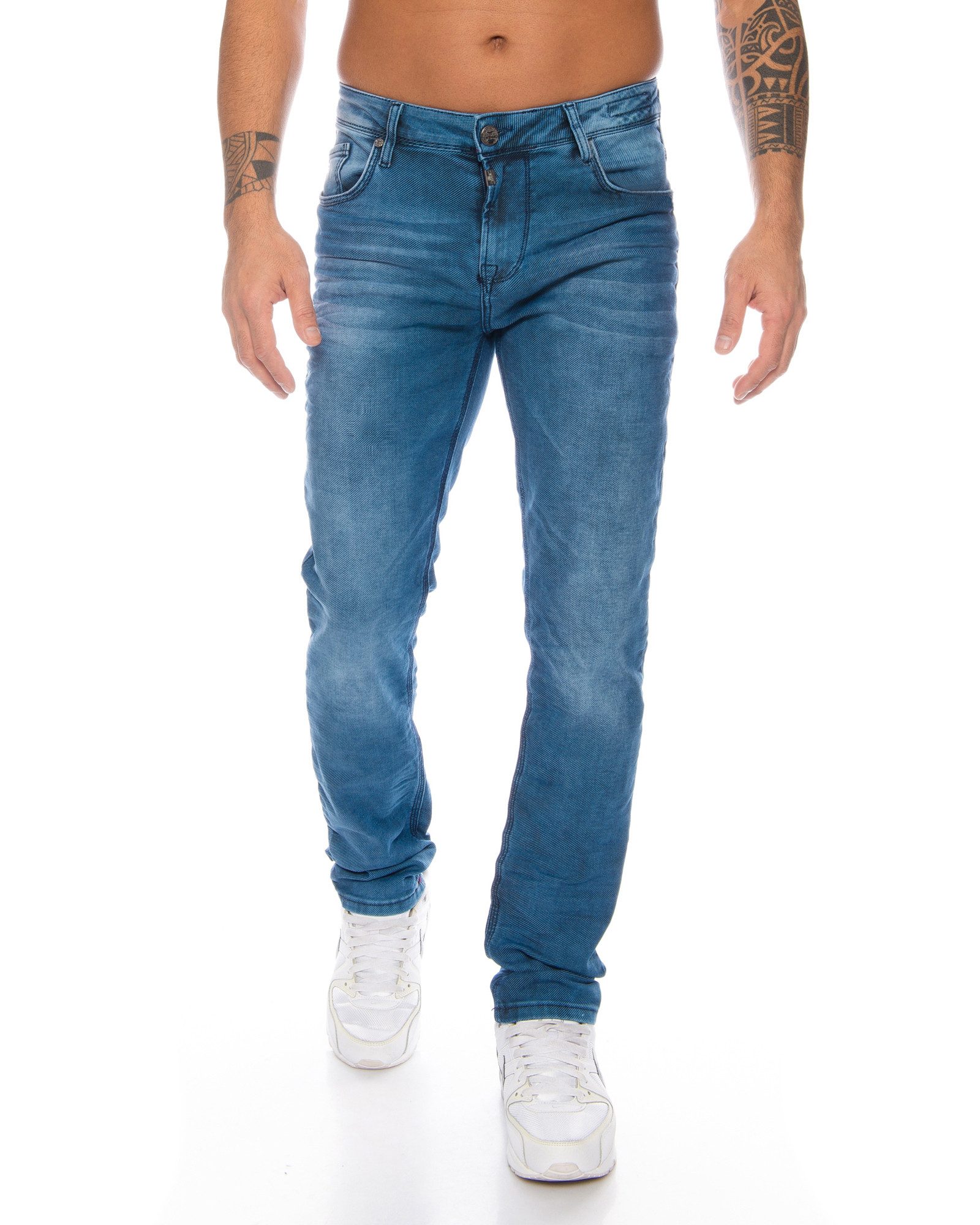 Cipo & Baxx Slim-fit-Jeans Herren Jeans Hose mit ausgfallenem Label Nahtdesign Labelemblem, Weicherer Stoff