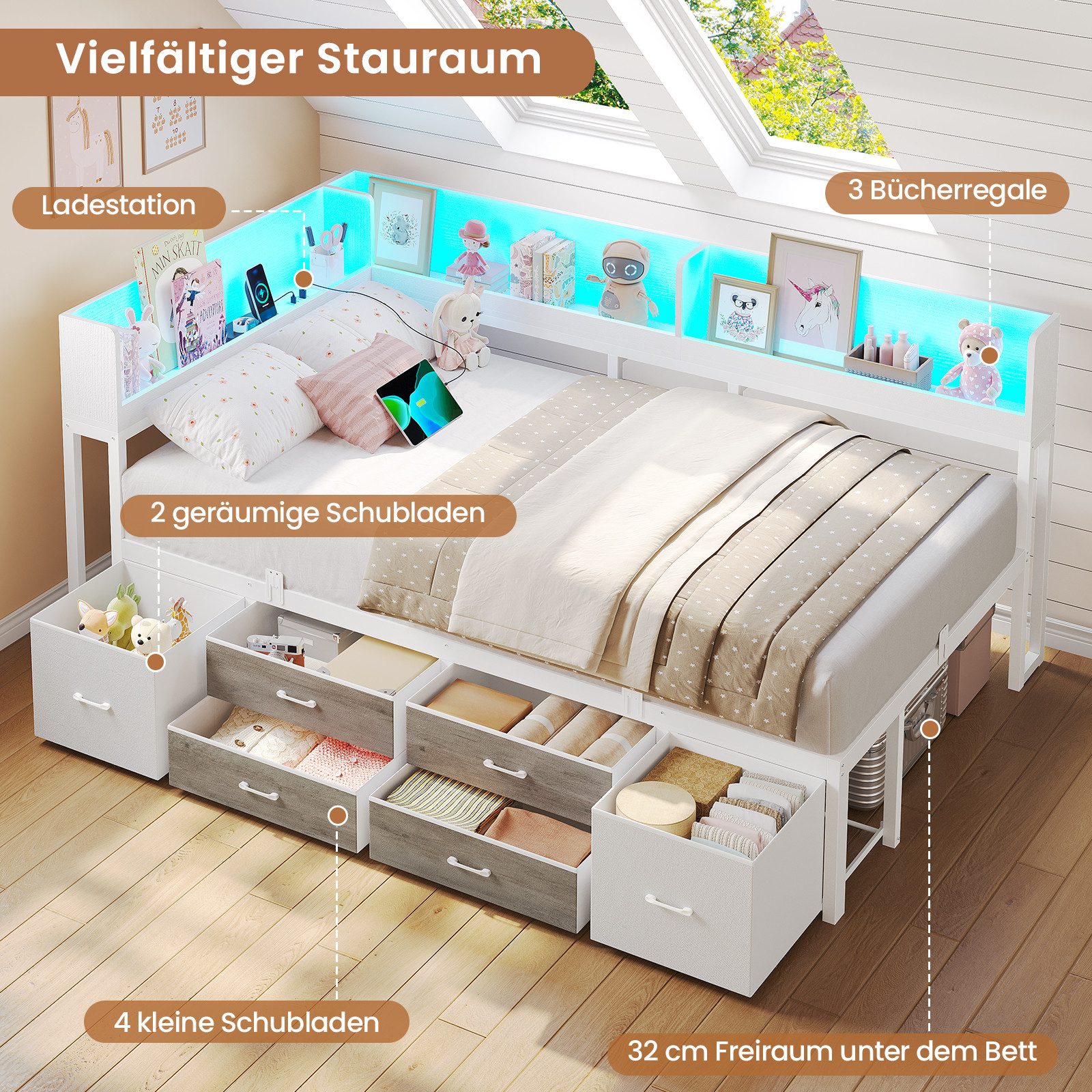 MSMASK Daybett Schlafsofa mit LED-Beleuchtung & Ladestation, Jugendbett Kinderbett, mit Integriertem Bücherregal & 6 Schubladen, 90x190cm – Bild 4 von 5