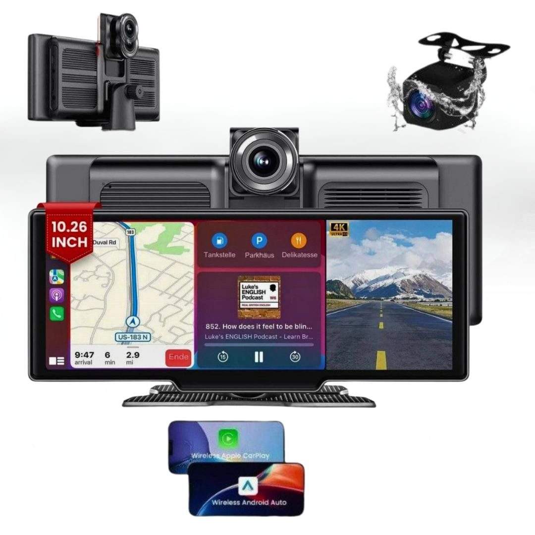 Goldstern-Tech 2 in 1 DriveVision Navigation Dashcam (4K Ultra HD, WLAN (Wi-Fi), Bluetooth, FM-Transmitter, GPS, Nachtsicht sowie Wireless Apple CarPlay & Android Auto, mit AHD Rückfahrkamera, Wireless CarPlay & Android Auto)