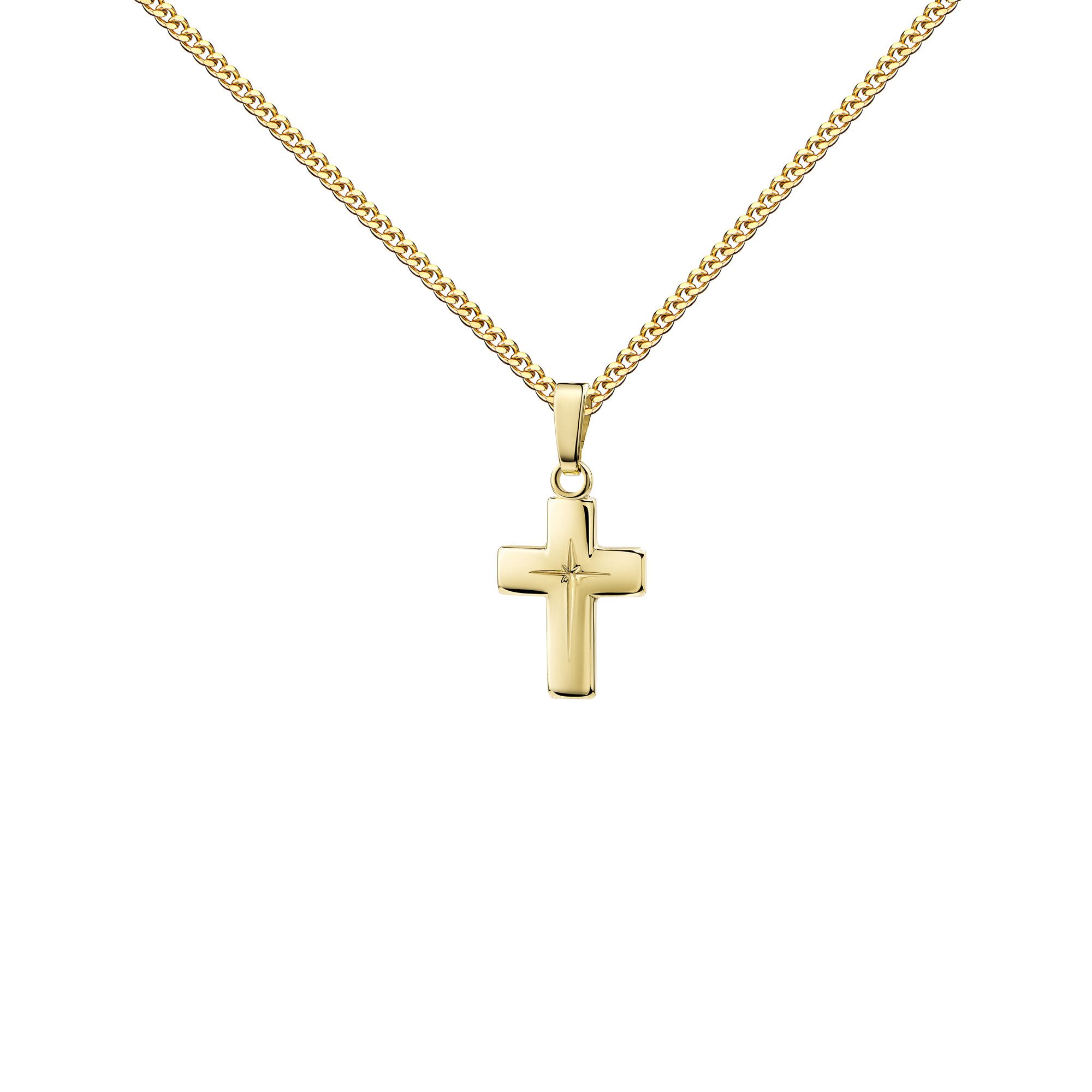 JEVELION Kette mit Anhänger kleiner Kreuzanhänger 750 Gold mit Kreuzgravur- Taufkreuz (Goldkreuz, für Damen und Kinder), Mit Kette vergoldet- Länge wählbar 36 - 70 cm oder ohne Kette.