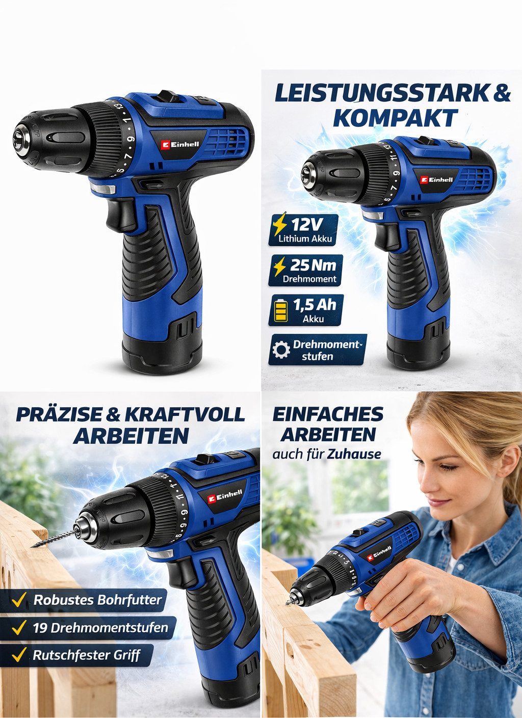 Einhell Akku-Schrauber Einhell Akku-Bohrschrauber 12V-25 Nm –1,5 Ah Lithium Akku kompakt &, 25 Nm