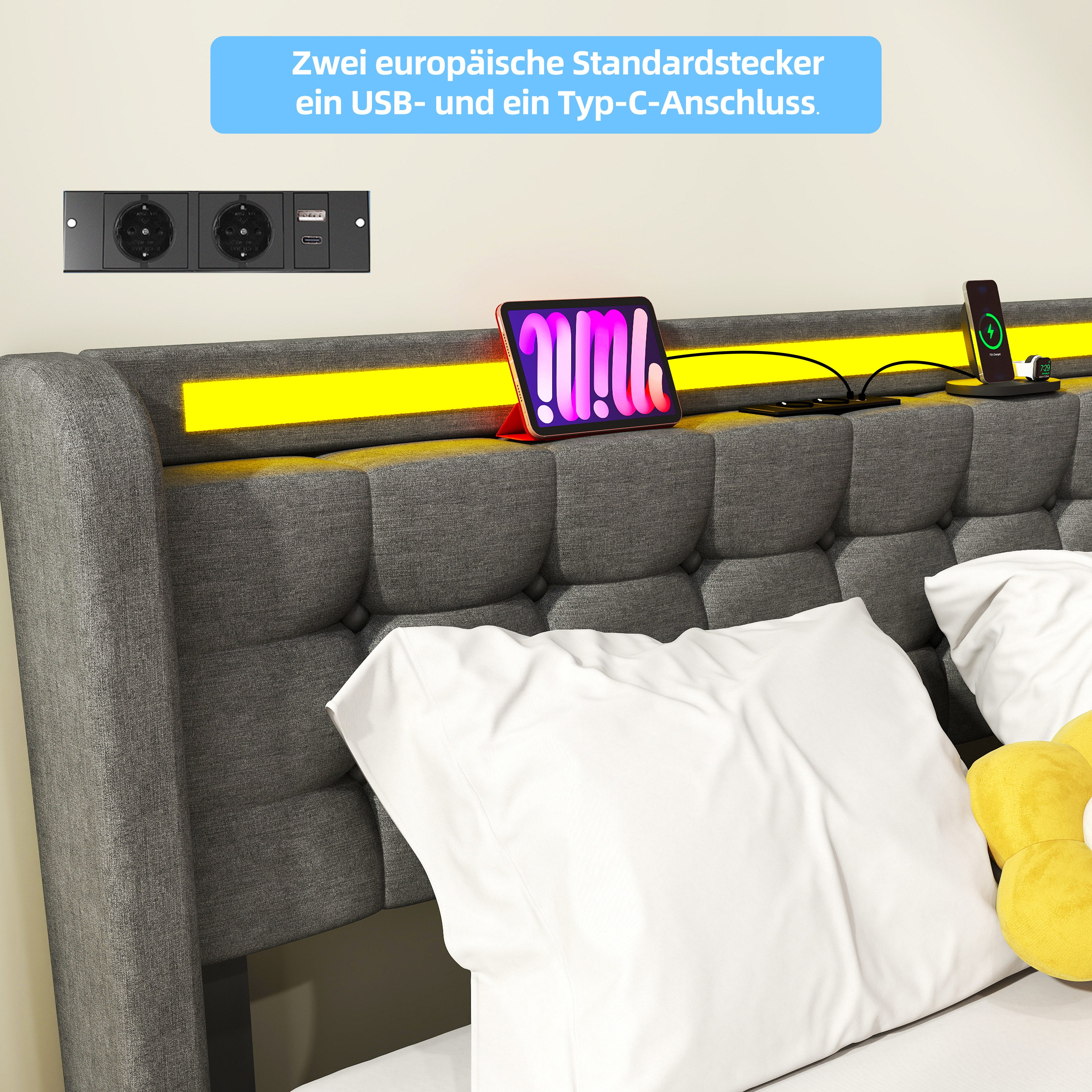 oyajia Stauraumbett LED Hydraulisches Doppelbett 140x200cm mit Ladefunktion (LED, USB- & Typ-C-Ladestation), 90/140/160 x200cm mit Ladefunktion