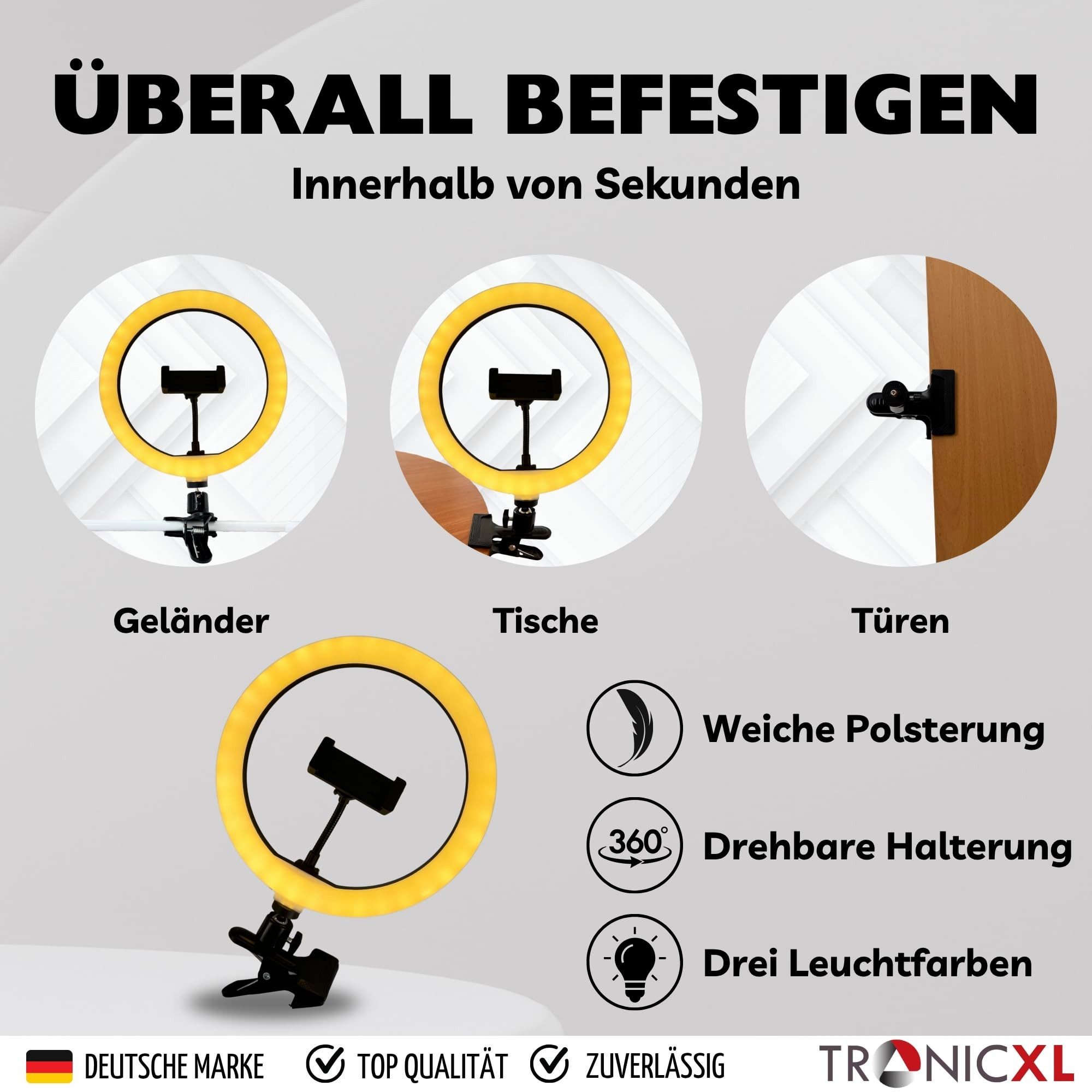 TronicXL Ringlicht Ringlicht 10 Zoll + Klemmhalterung Klemmstativ für Tisch Selfie Lampe, Handyhalterung für Apple iPhone Samsung