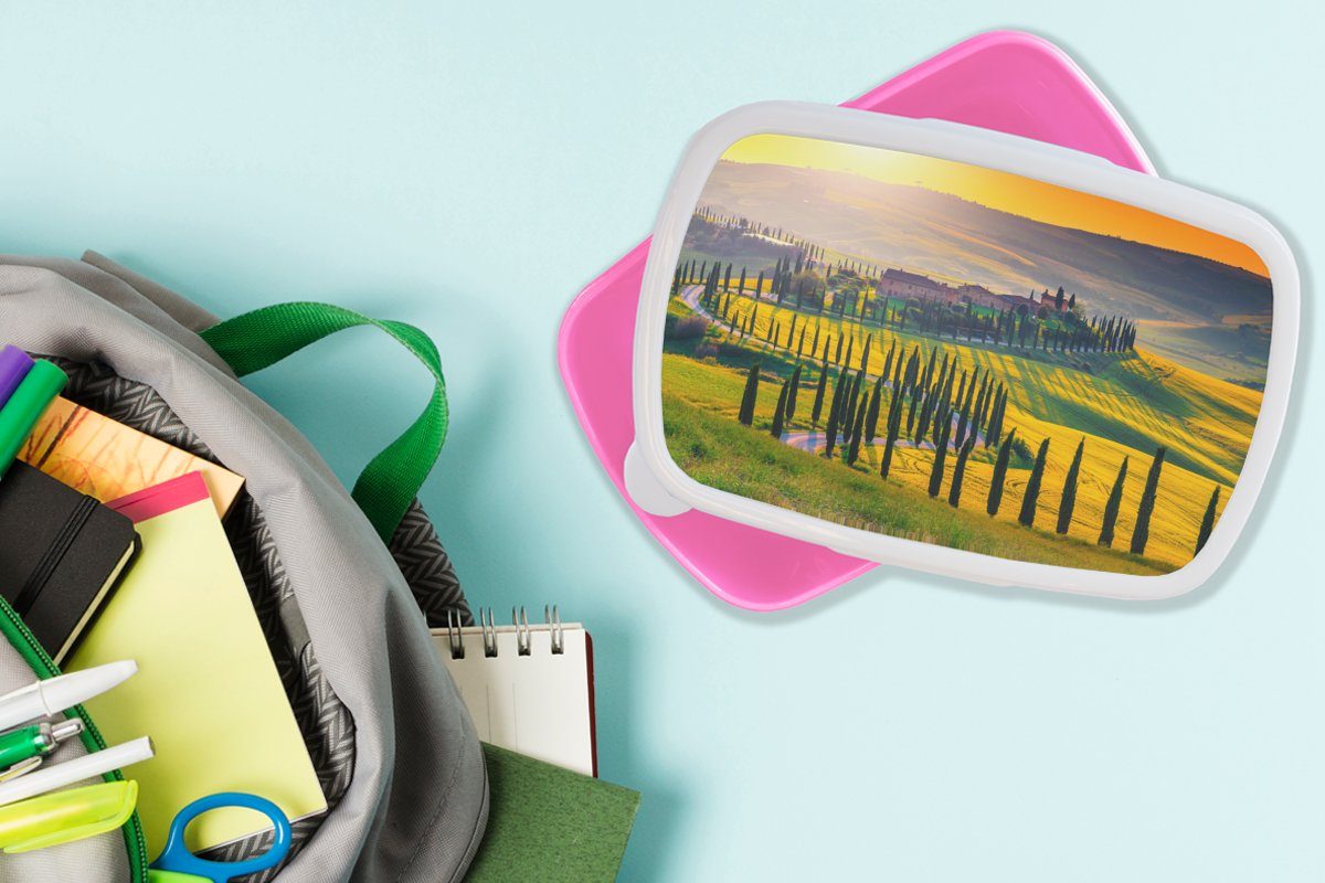 MuchoWow Lunchbox Sonne - Brotdose Kinder, Kunststoff rosa - Gras Kunststoff, Snackbox, - Erwachsene, Mädchen, Brotbox Landschaft, (2-tlg), Hügel für
