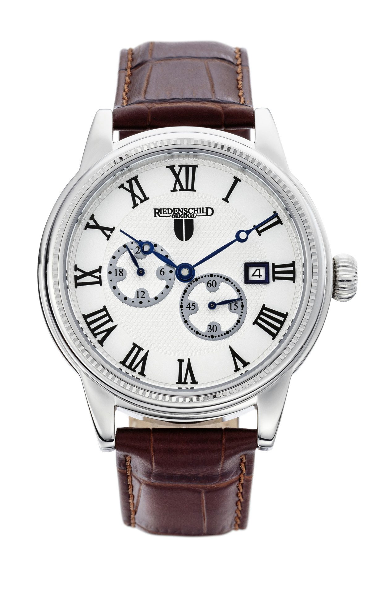 Riedenschild Automatikuhr RS7609-02, 42 mm – Herrenuhr mit weißem Zifferblatt, braunes Lederband – Klassisches Automatikmodell mit Sichtboden