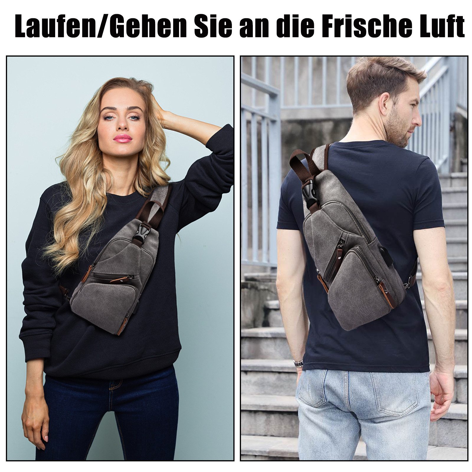 TAN.TOMI Umhängetasche Brusttasche Herren, Schultertasche Herren und Damen mit USB-Aufladung, Brusttasche, Canvas Brusttasche mit Verstellbaren Schultergurten