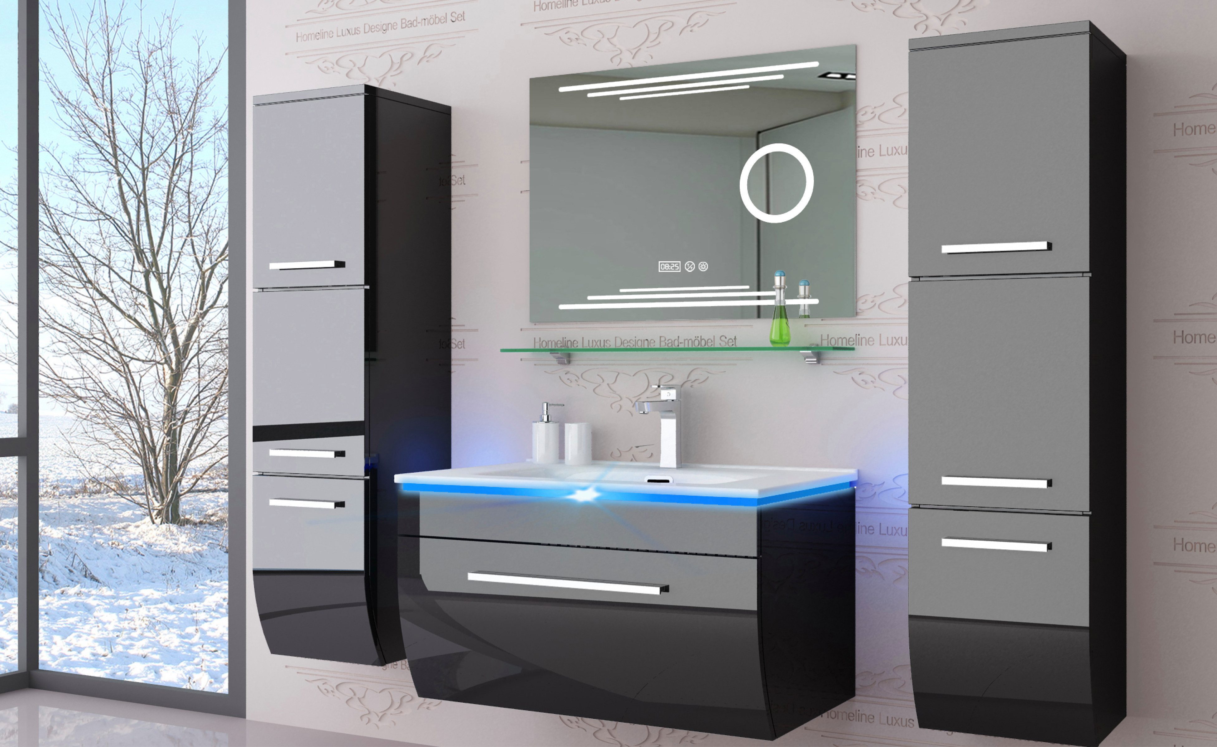 Homeline Badmöbel-Set Badmöbel Set Hochglanz lackiert LED System tauschsystem, (Sparset, 6-St., Set ANgebot ohne Waschtisch Armatur und Ablaufgarnitur), Lackiert Hochglanz LED Fertig montiert Touch system