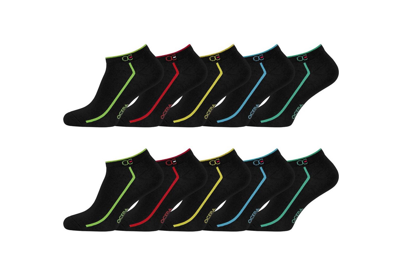 OCERA Sneakersocken OCERA 10x schwarze Sneaker Unisex mit Streifen und bunten Neon Farben (13-Paar) mit Logo am Bund