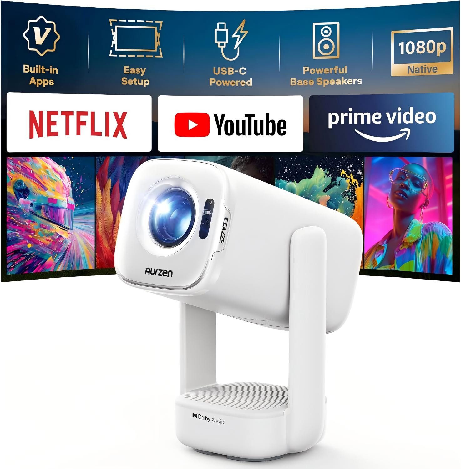 Aurzen D1 air 4K Smart Beamer mit Netflix Zertifizierung, USB-C-Aufladung Beamer (300 lm, 3840 x 2160 px, Native 1080P Full HD, 16W Dolby Audio, TOF-Autofokus & Auto-Trapez)