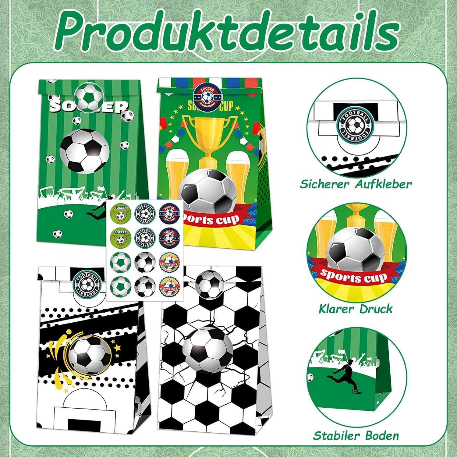 FELIXLEO Aufkleber 12x Fußball Geschenktüten Geburtstag mit Sticker, (1tlg)