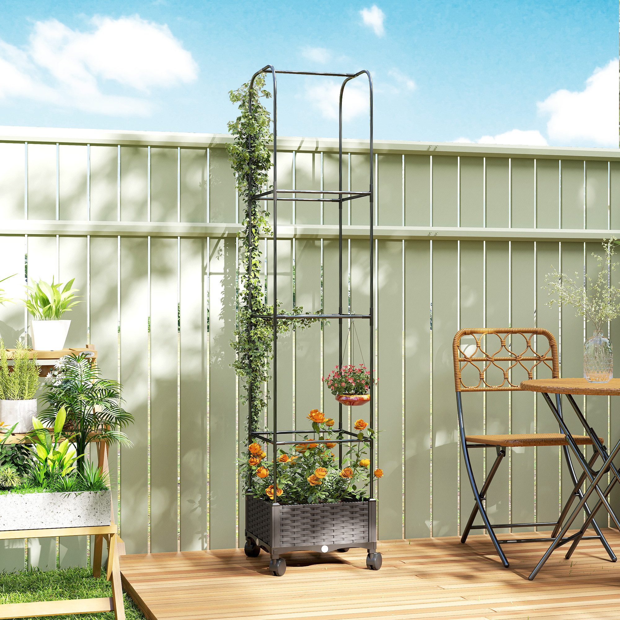 Outsunny Hochbeet mobiler Blumenkasten mit Rolle Abflussloch, Pflanzkübel (Pflanzkasten, 1 St., Blumenkasten), für Kletterpflanzen Garten 40 x 40 x 185 cm