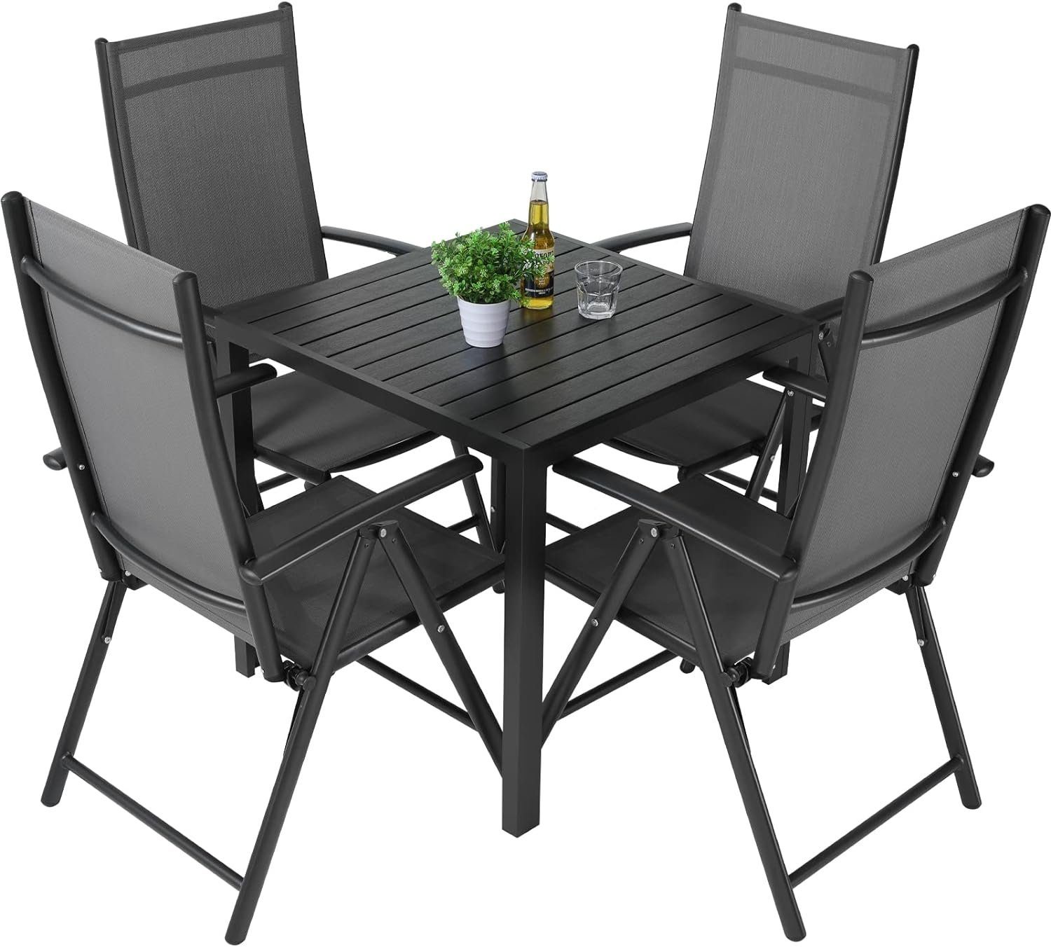 TLGREEN Gartenlounge-Set Gartenmöbel-Set,Balkonmöbel-Set,Aluminium-Sitzgruppe, (5-tlg), 4 x 7-fach Verstellbare Hochlehner-Klappstühle mit Tisch, Wetterfest