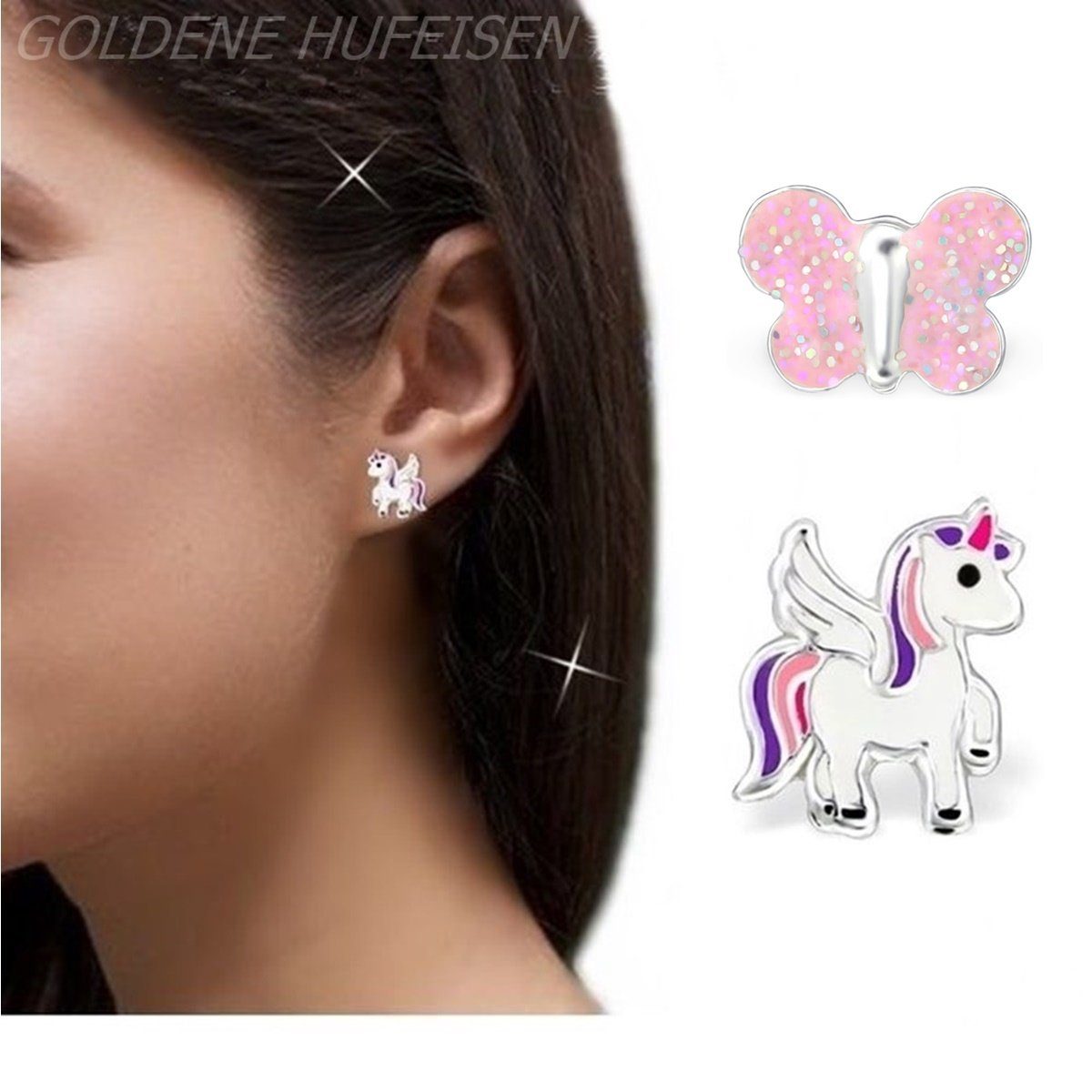 Goldene Hufeisen Ohrstecker-Set 2 Paar Set Kinderohrringe Rosa Schmetterling Einhorn (2 Paar Set, inkl. Etui), 925 Sterling-Silber, Hypoallergen – Bild 2 von 3