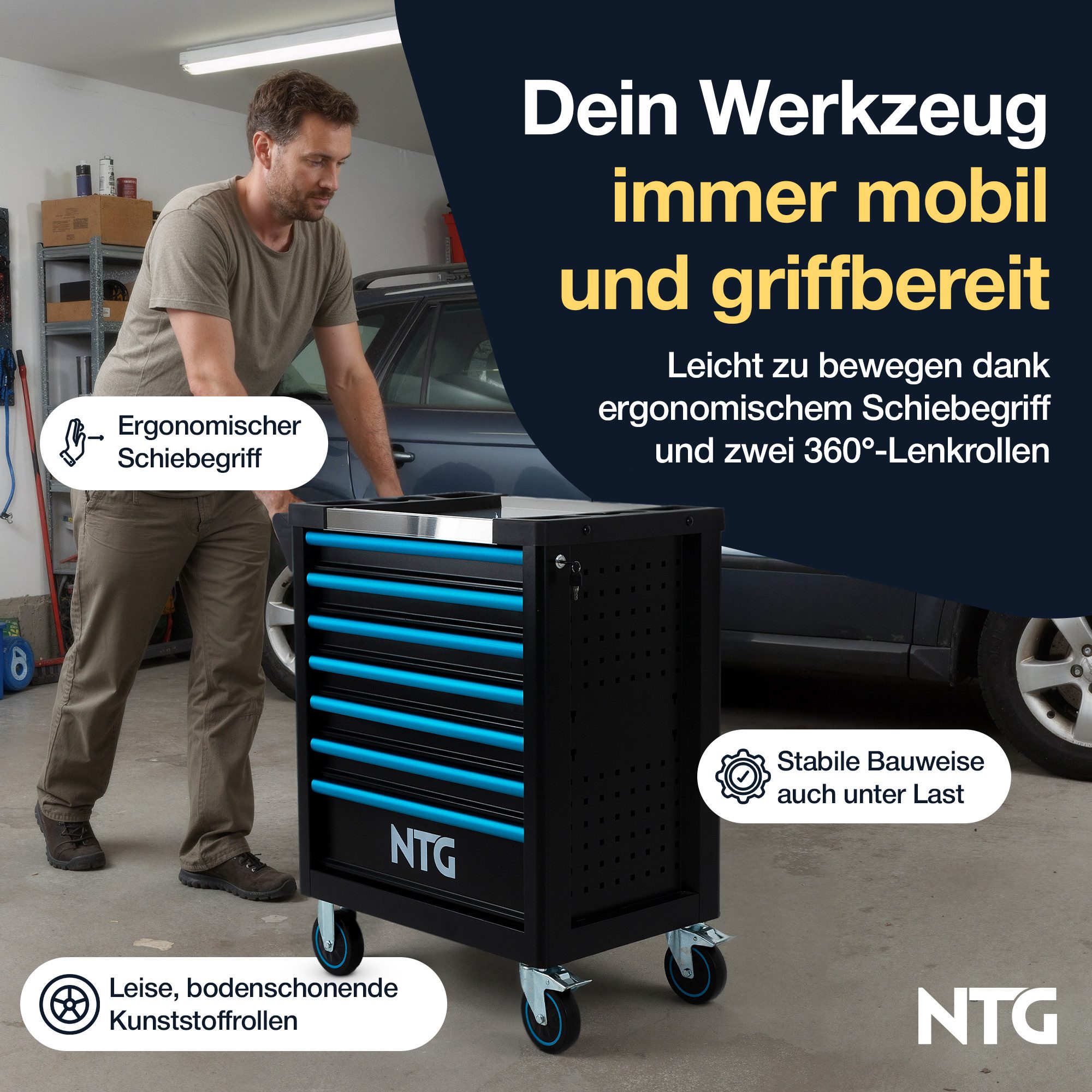 NTG Nutzfahrzeug Technik GmbH Werkzeugwagen 7 Schubladen 290-tlg abschließbar 7 Schubladen + auf Rollen, Blackline, max. Traglast:450 kg, 290-tlg. Werkzeugset, (290-tlg)