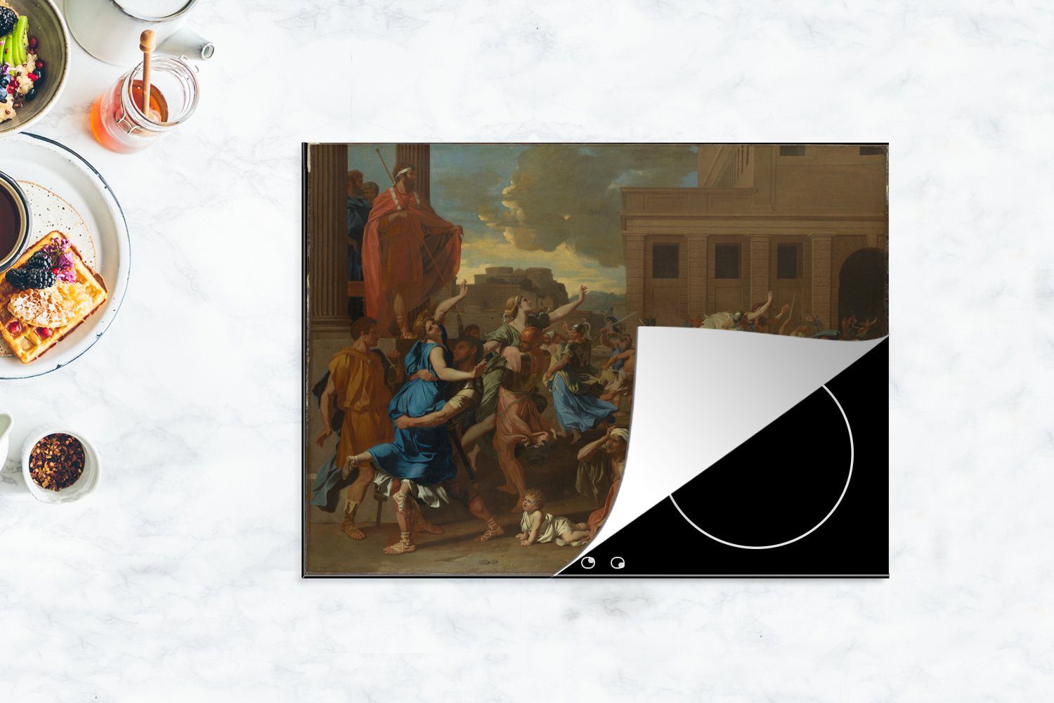 Vinyl, tlg), nutzbar, Ceranfeldabdeckung Gemälde MuchoWow (1 Die Entführung 70x52 Herdblende-/Abdeckplatte Sabinerinnen Nicolas Poussin, cm, Arbeitsfläche Mobile - der von