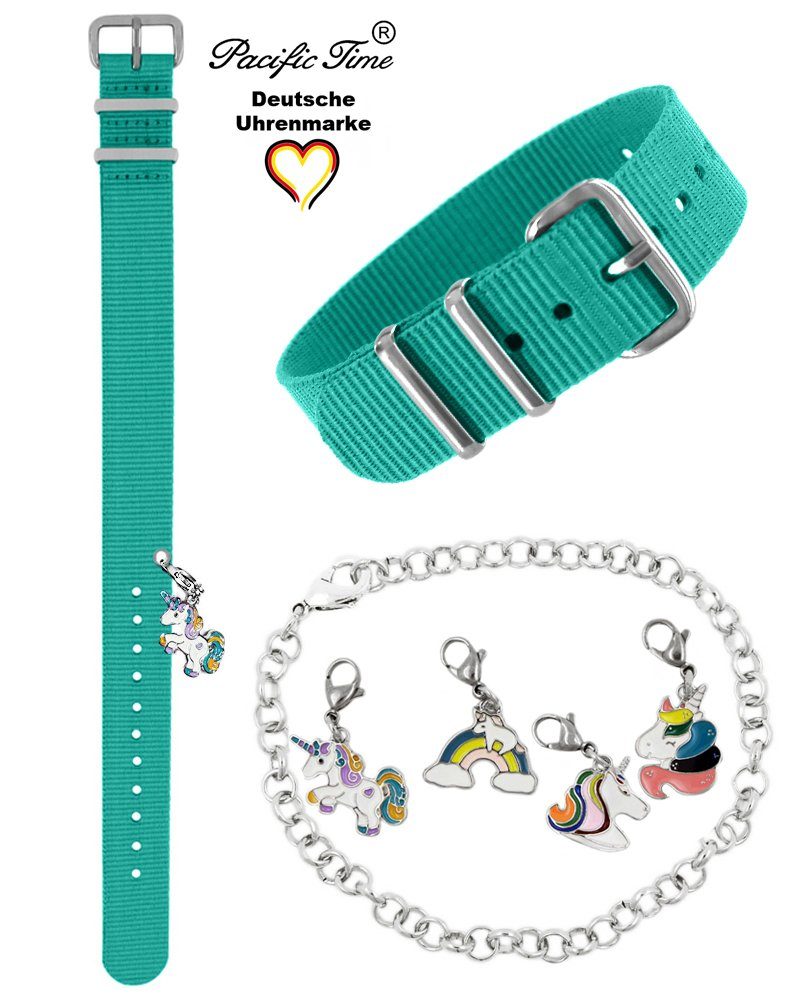 Pacific Time Uhrenarmband Wechselarmband Textil Nylon 16mm mit Einhorn Charms, Gratis Versand