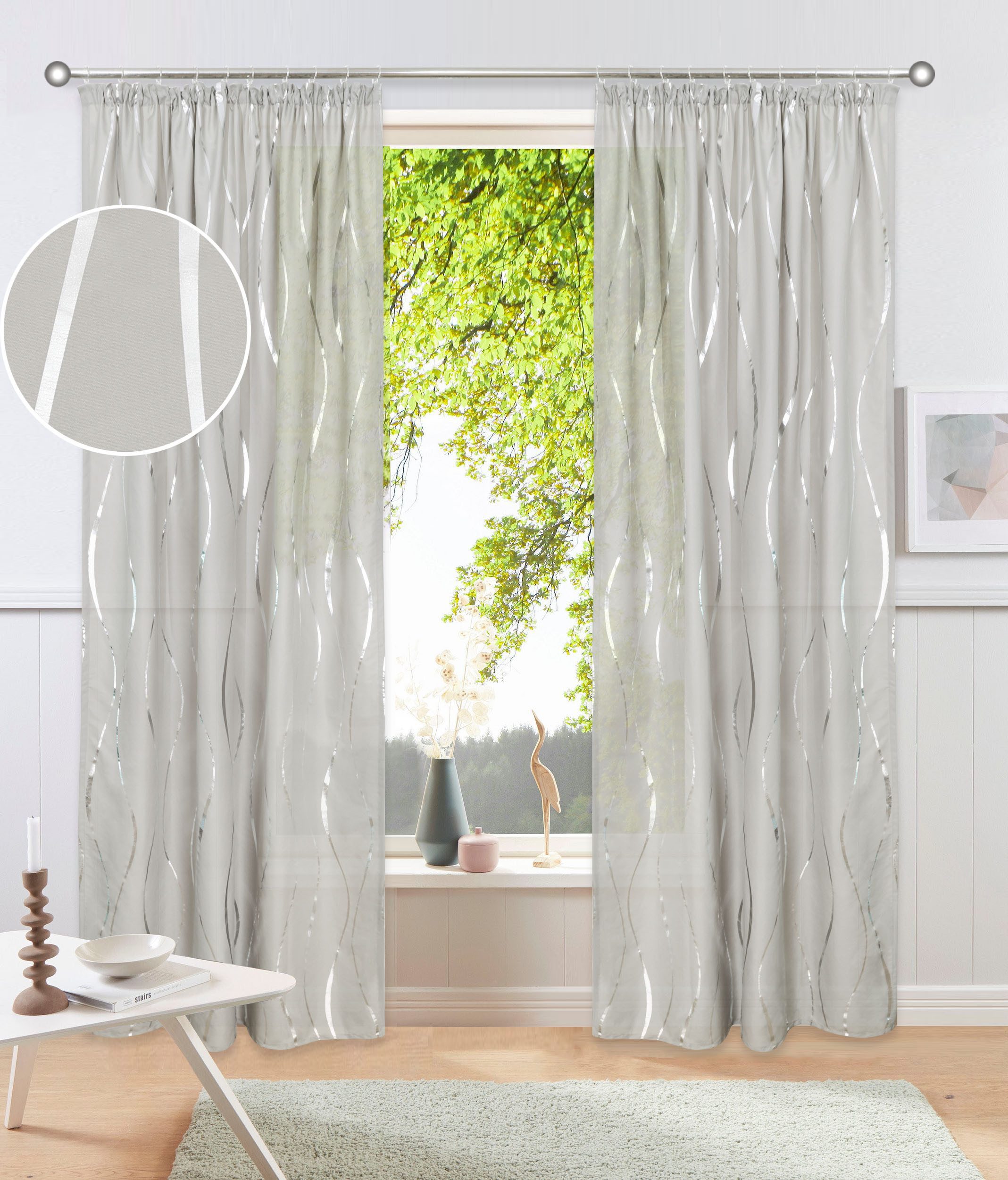OTTO home Gardine Quinnton (2 St), Kräuselband, halbtransparent, Metallic‑Akzenten, Kräuselband, schöner Stoff, mittelleicht