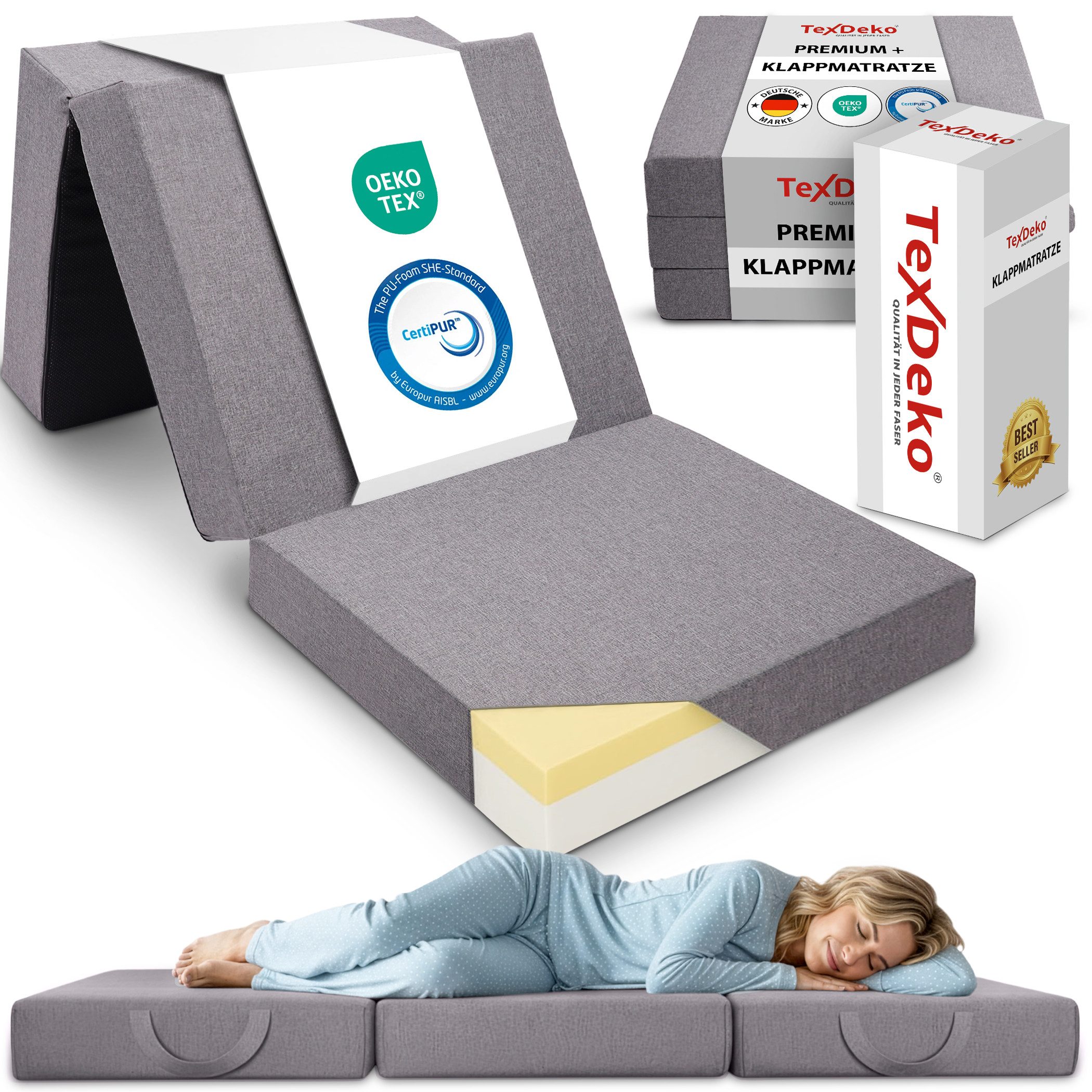 Klappmatratze Premium – 9cm dick, 2 cm Visco, Härtegrad H3, ideal als Gästematratze, TexDeko, 9 cm hoch, (195 x 75 x 9 cm), UV-Beständig, wasserabweisend, waschbarer Bezug, Anti-Rutsch-Boden