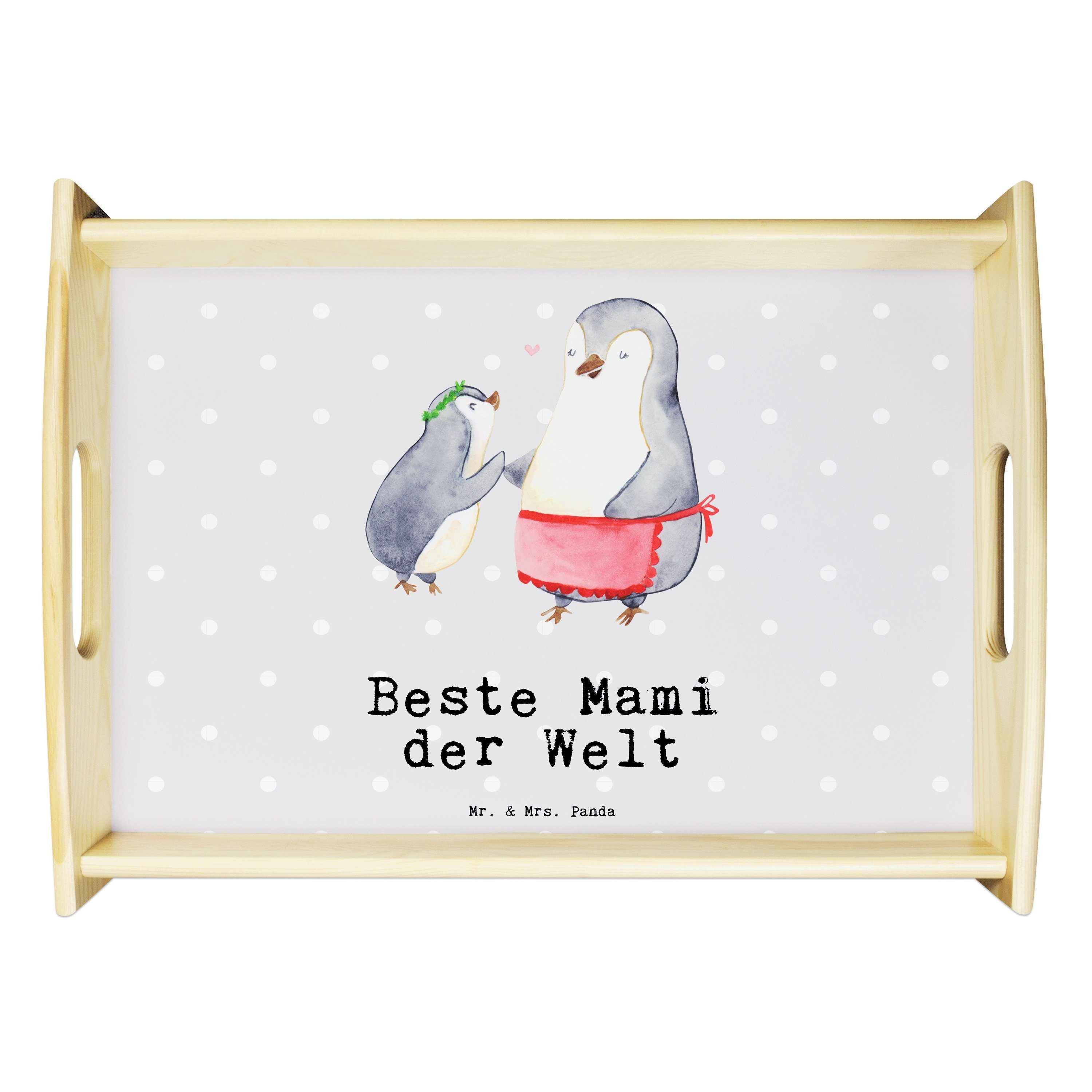 Mr. & Mrs. Panda Tablett Pinguin Beste Mami der Welt - Grau Pastell - Geschenk, Sohn, für, Frü, Echtholz lasiert, (1-tlg)