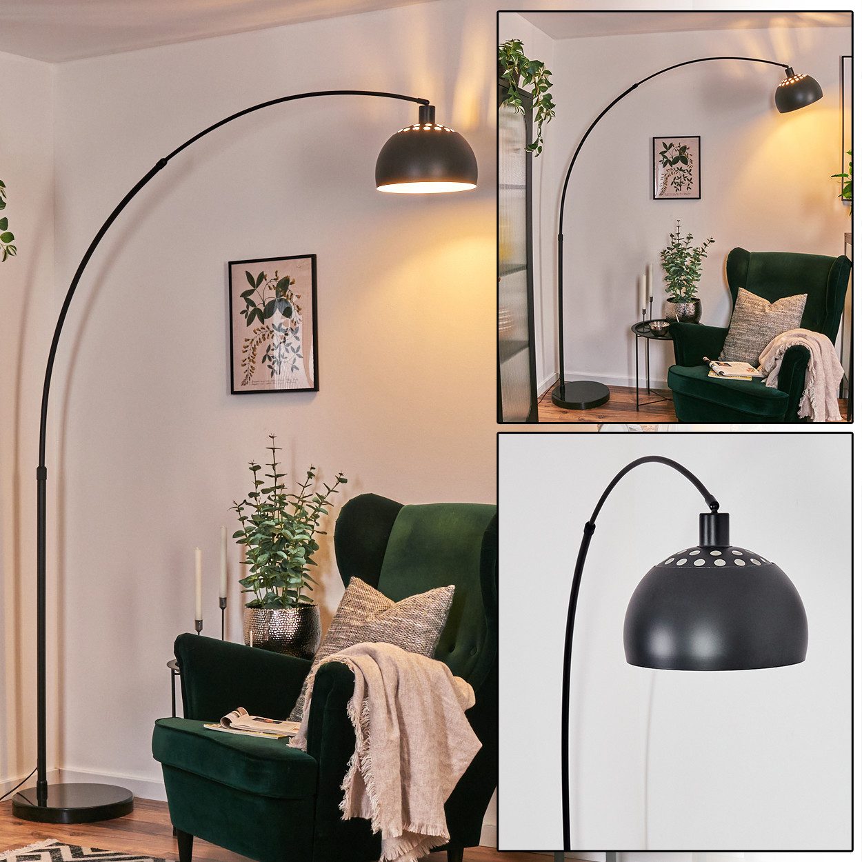 Bogenlampe Stehlampe aus Metall in Schwarz/Weiß im Retro/Vintage-Design