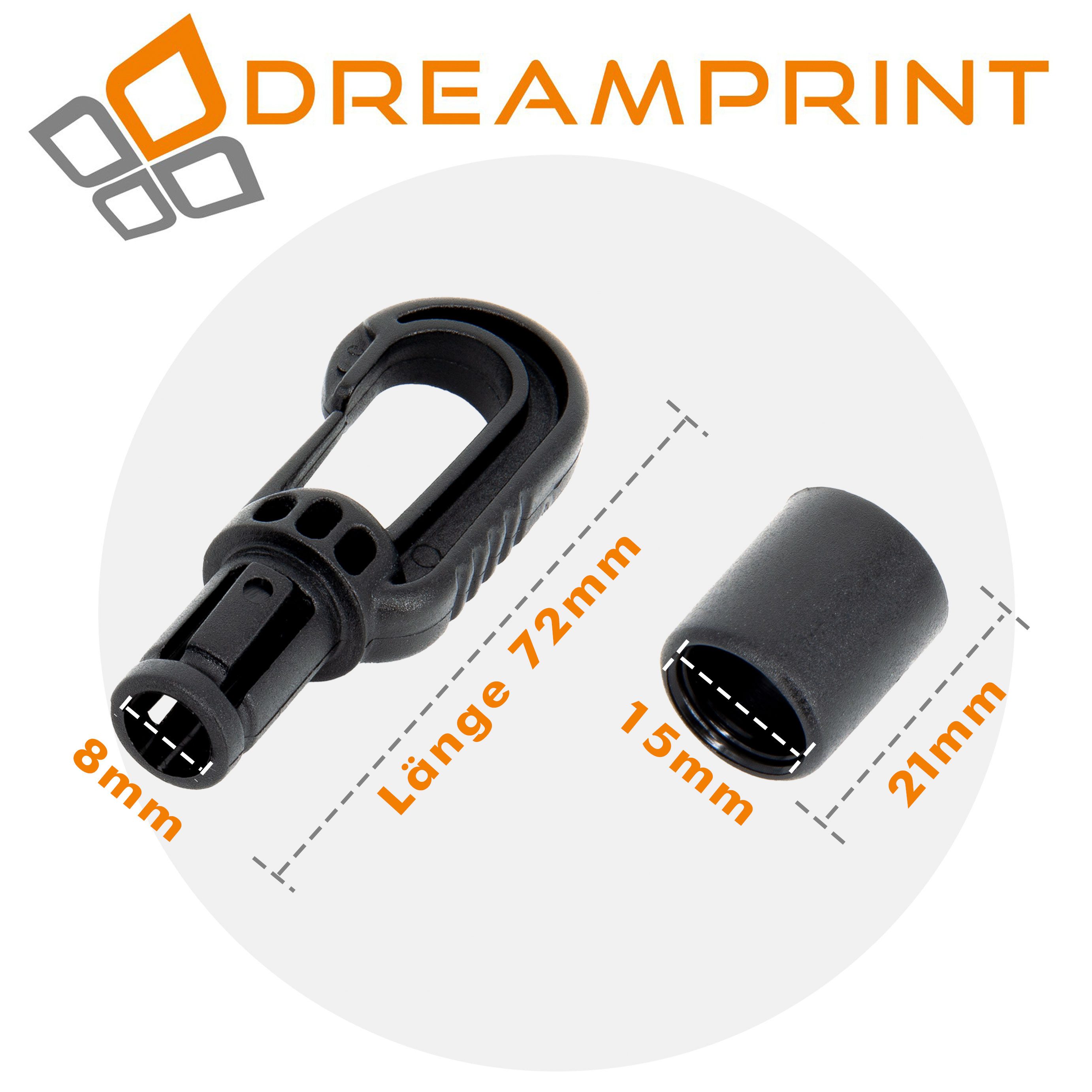Dreamprint Seil 100x Kunststoffhaken Haken für 8 mm geeignet Schwarz Karabinerhaken