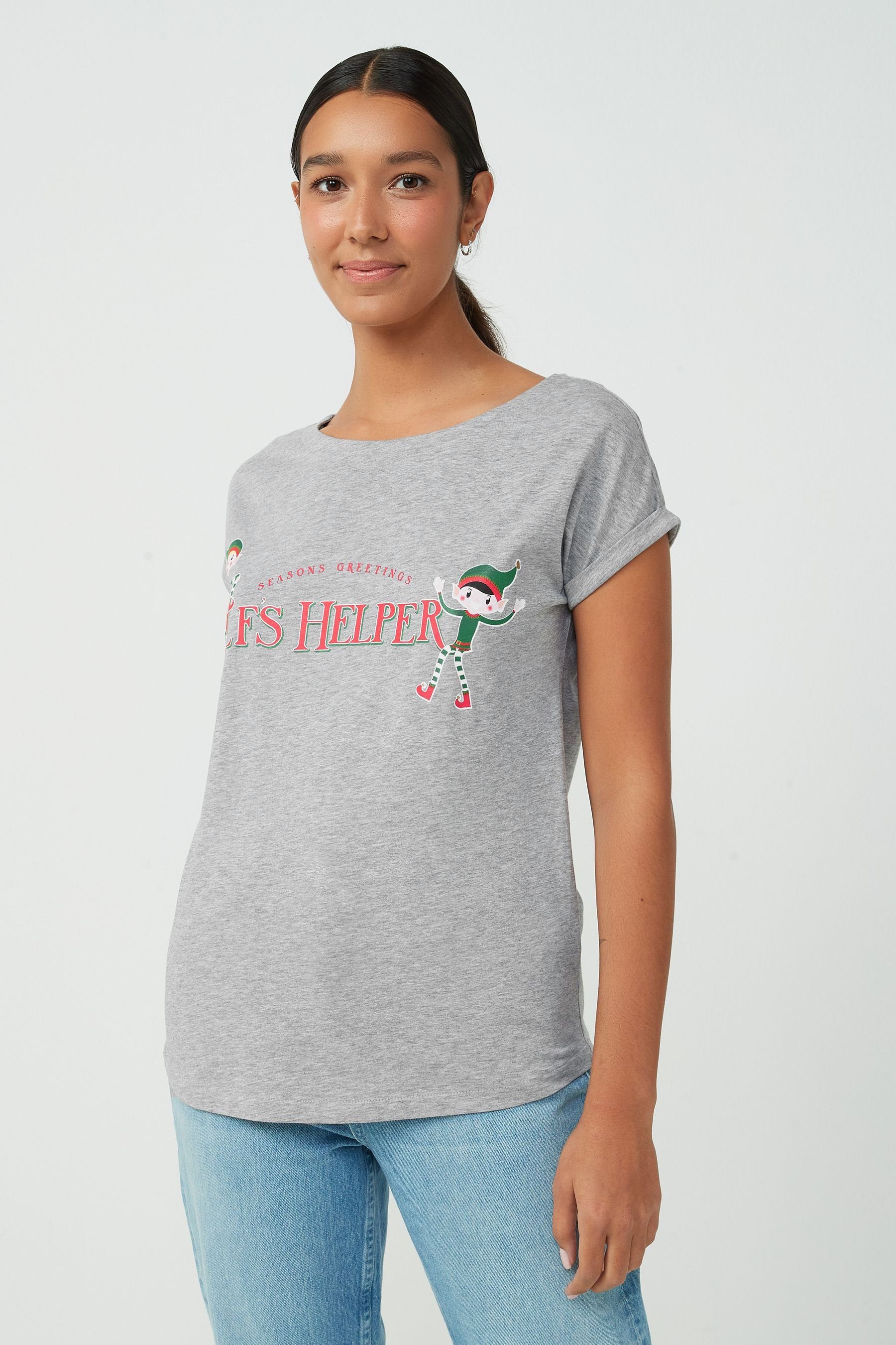 T-Shirt Next T-Shirt Elf mit Grey Saum Christmas (1-tlg) geschwungenem