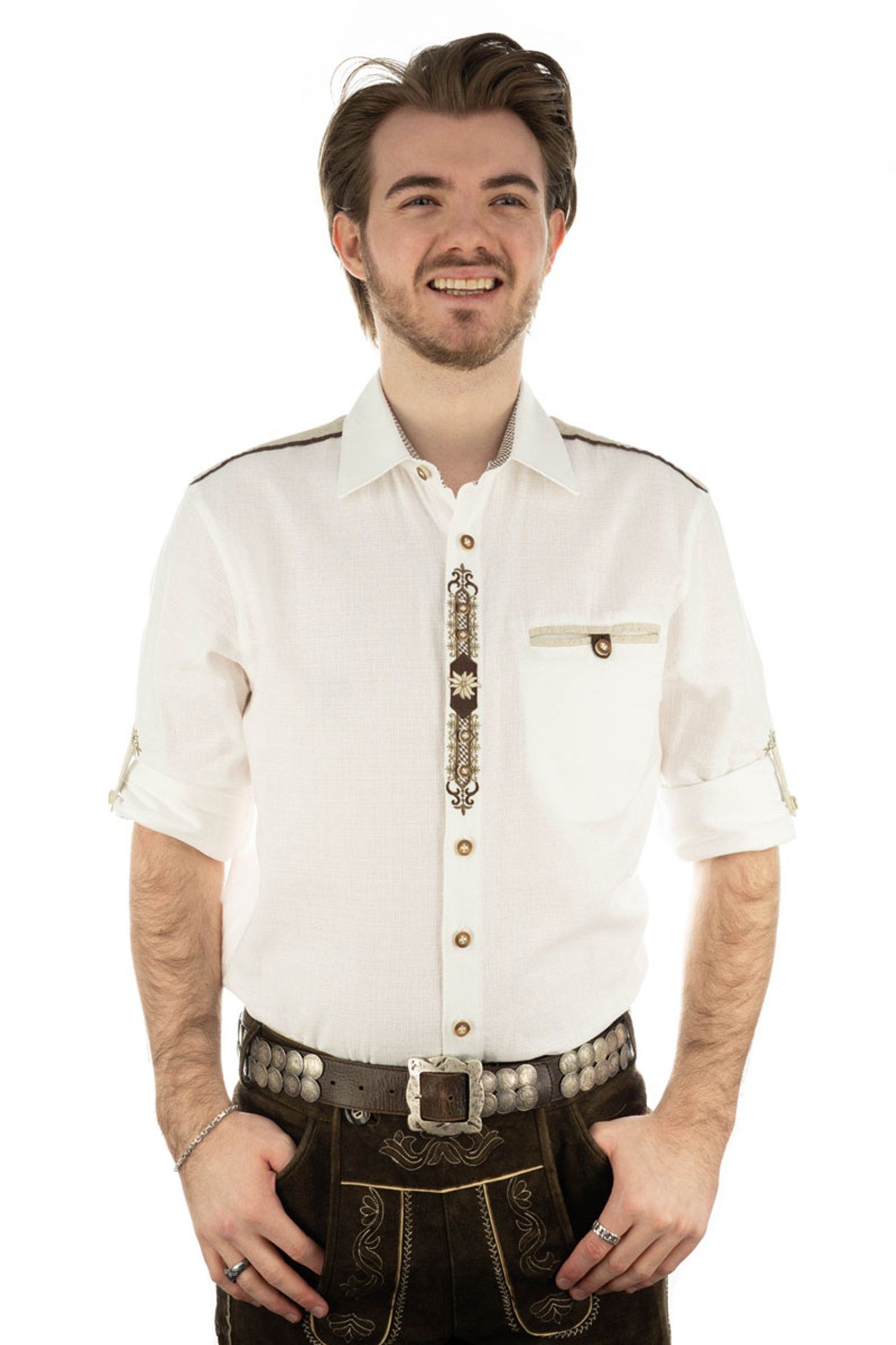 Langarmhemd Paspeltasche, OS-Trachten Knopfleiste der Trachtenhemd auf Hupayo Edelweiß-Stickerei mit