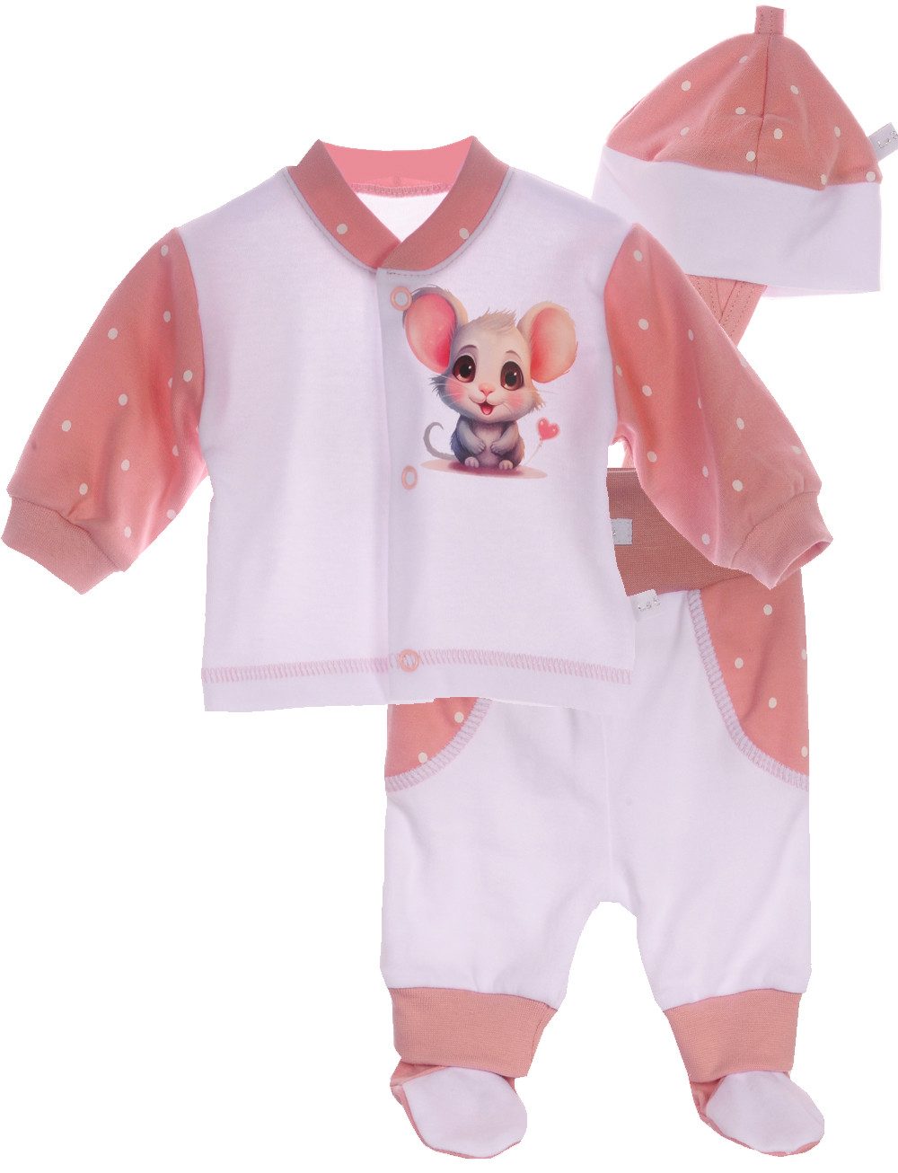 Langarmshirt & Hose Baby Anzug Hemdchen Schlupfhose Mütze Set mit Maus