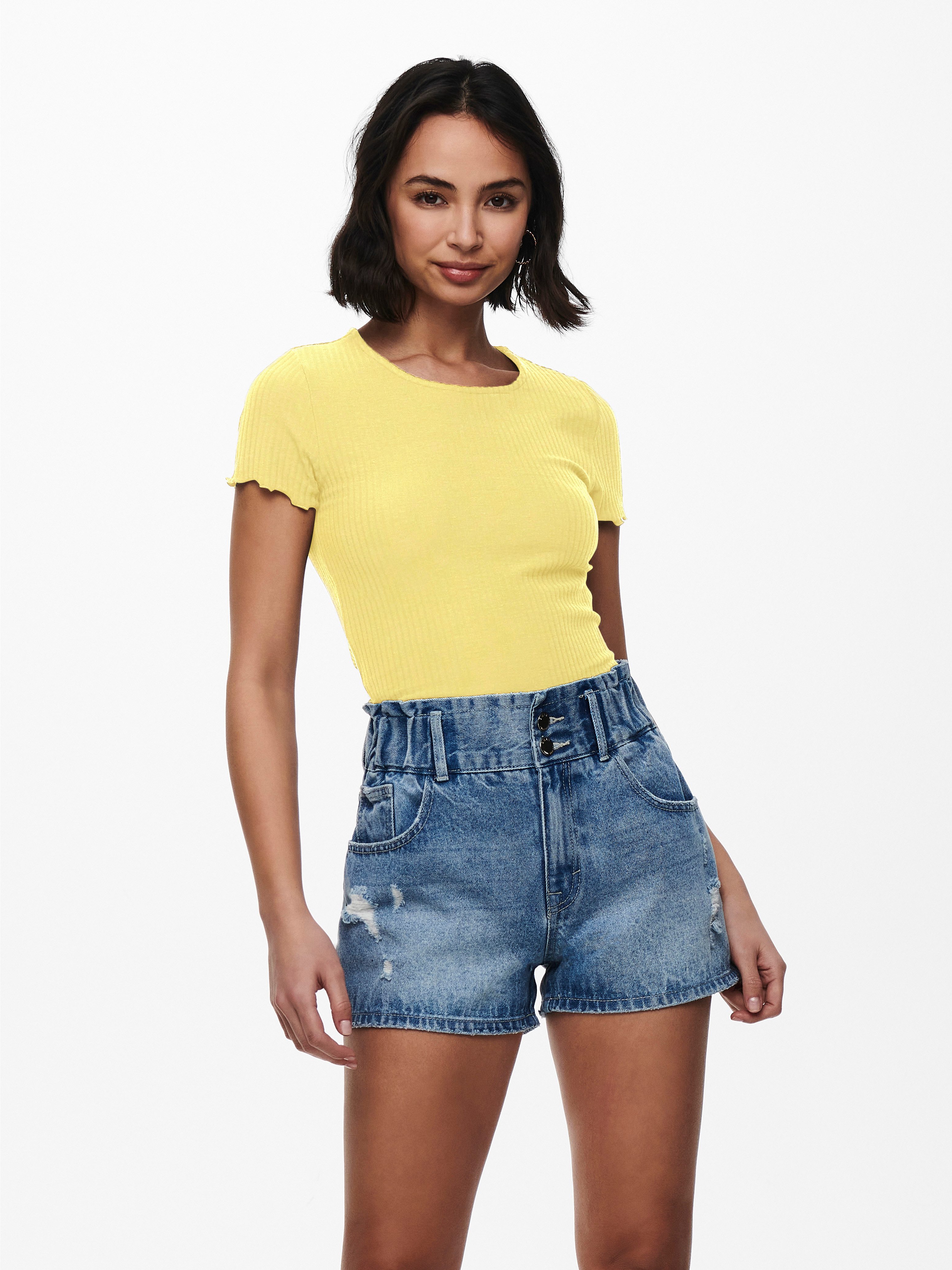 ONLY Rundhalsshirt ONLEMMA S/S SHORT TOP NOOS JRS Rundhals, modisch, regular fit, gewellter Abschluss, unifarben