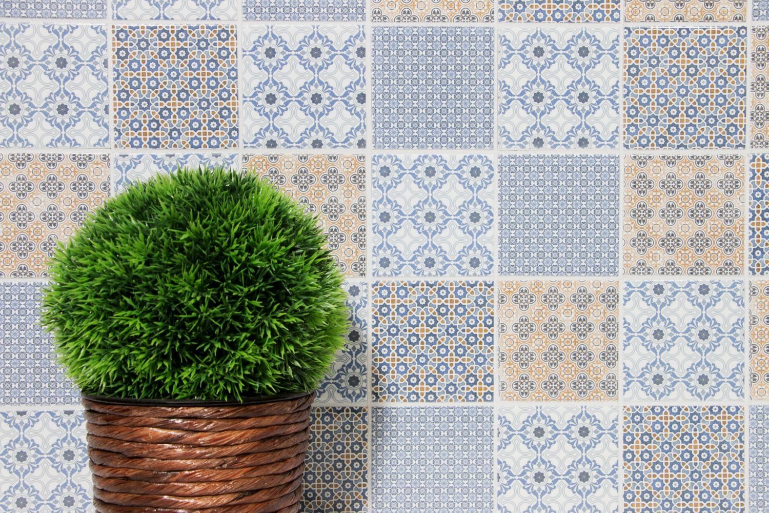 orange grau blau Vintage Küche weiß Mosani Retro Mosaik Mosaikfliesen Fliesenspiegel