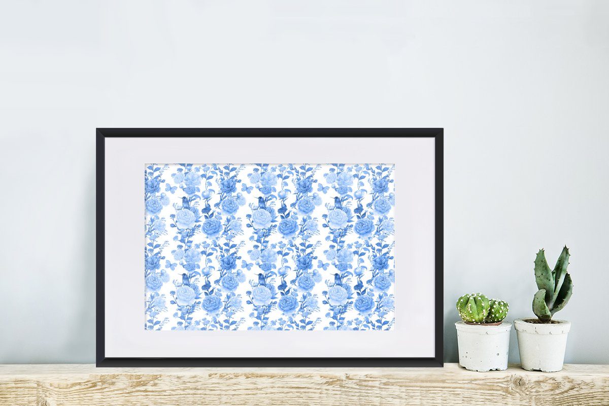 mit Kunstdruck, Blumen Rahmen, - St), (1 Rosen, Schwarzem MuchoWow Poster, - Poster Gerahmtes Blau Bilderrahmen